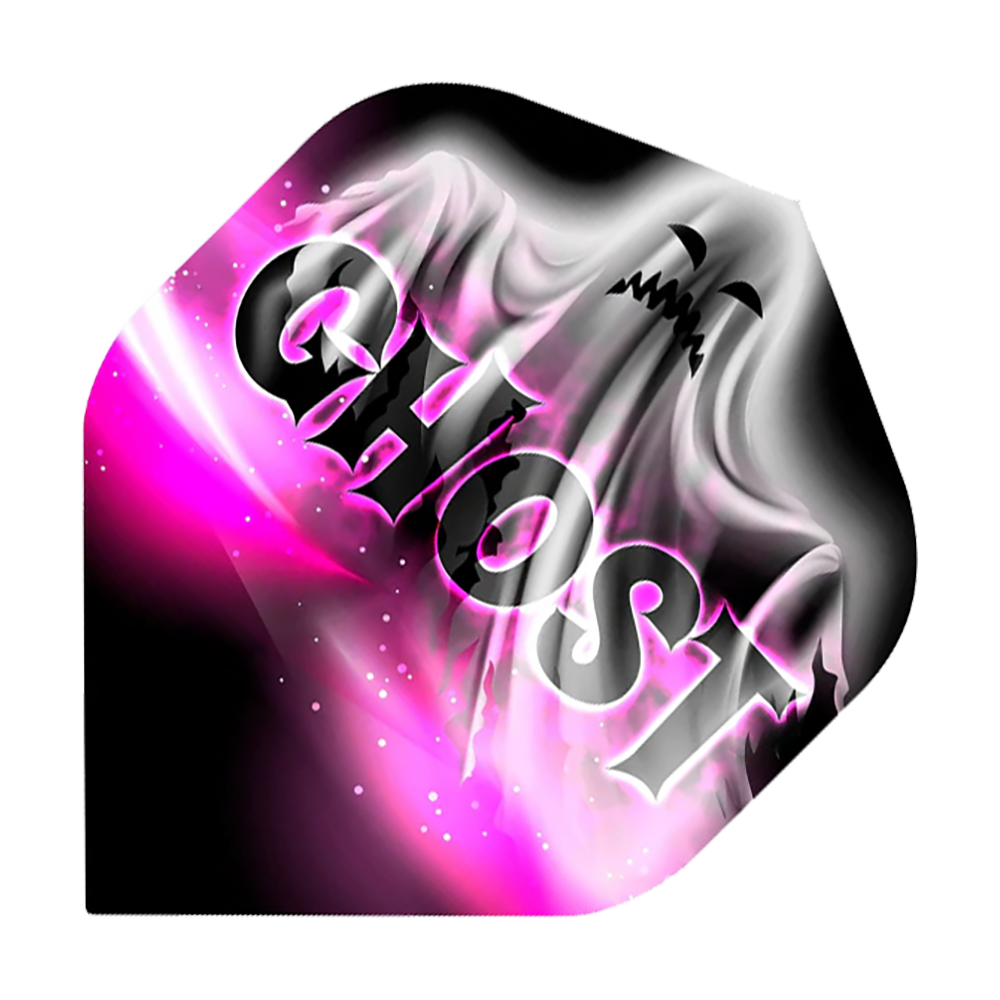 Mission Solo Bailey Marsh No2 Standard Flights Das Bild zeigt ein Dartflight mit einem Geistermotiv und dem Wort "GHOST" groß darüber geschrieben. Die Farben sind hauptsächlich Schwarz, Weiß und Pink.