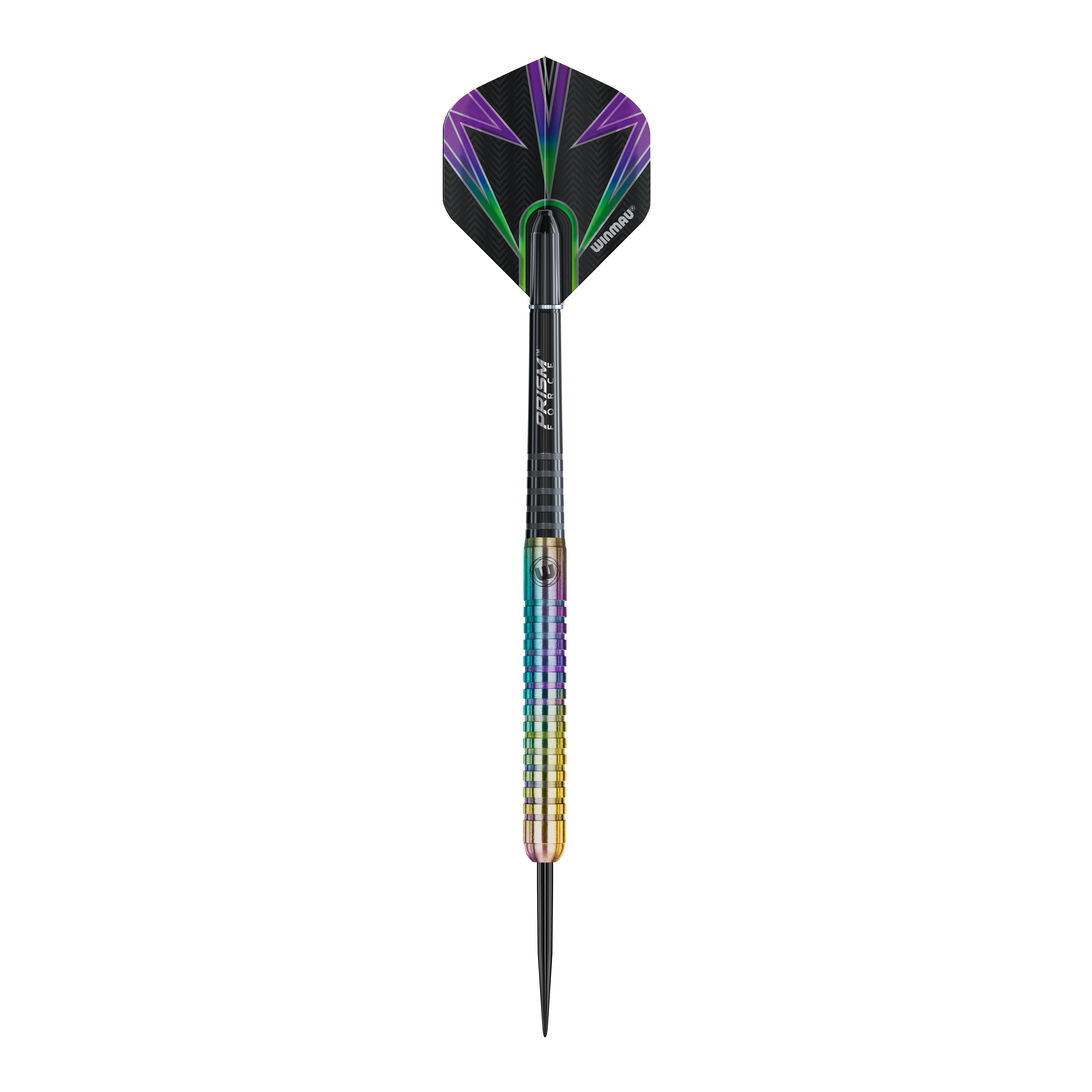 Winmau Foxfire Urban steel darts Das Bild zeigt einen Winmau Foxfire Urban Steeldart mit buntem Schaft und moderner Optik. Die Flight ist schwarz mit lila und grünen Akzenten gestaltet.