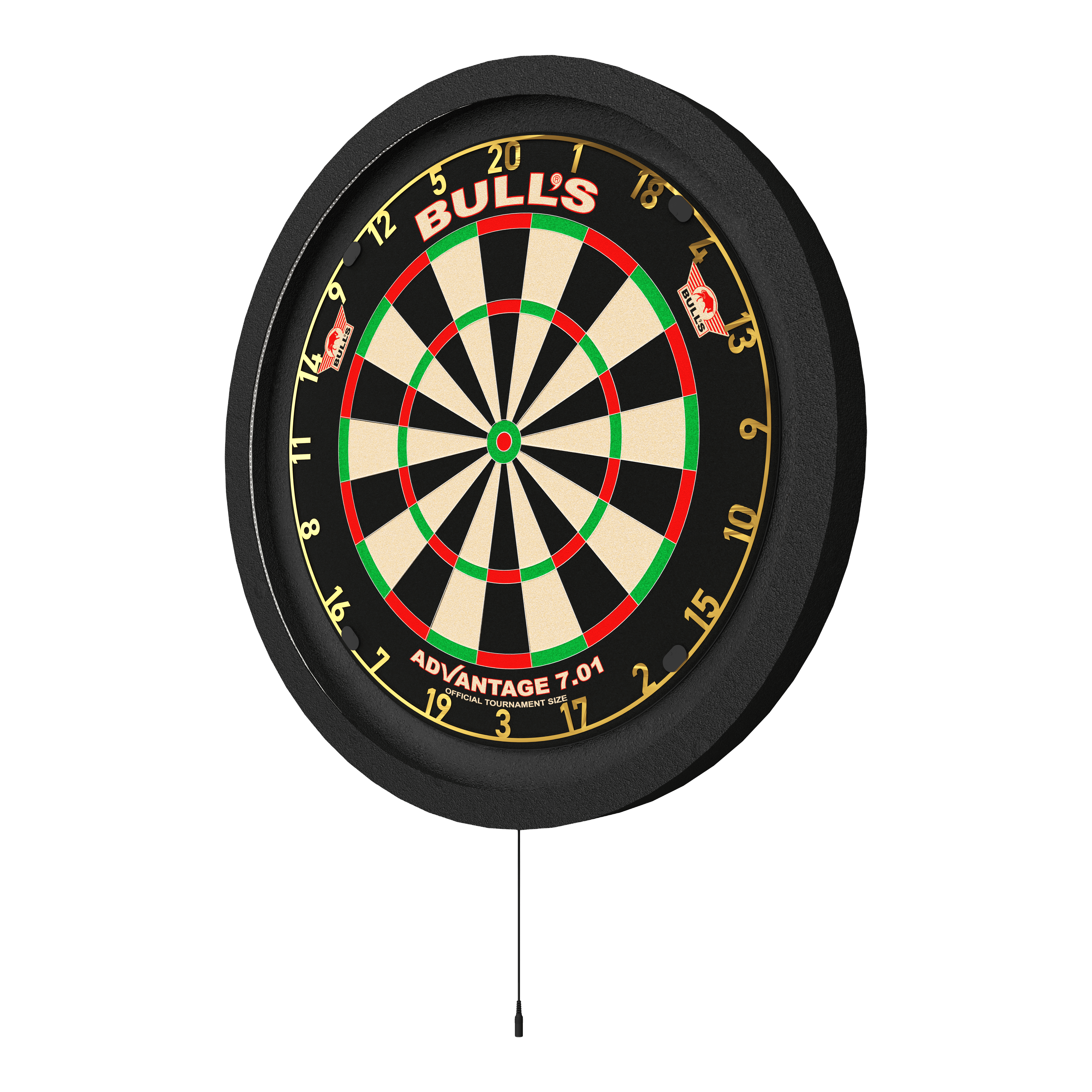 Bulls NL Lumo 2 Light Surround Lighting System Das Bild zeigt ein Bulls NL Lumo 2 Light Surround Beleuchtungssystem an einer Dartscheibe. Das Beleuchtungssystem sorgt für eine gleichmäßige Ausleuchtung des Dartboards.