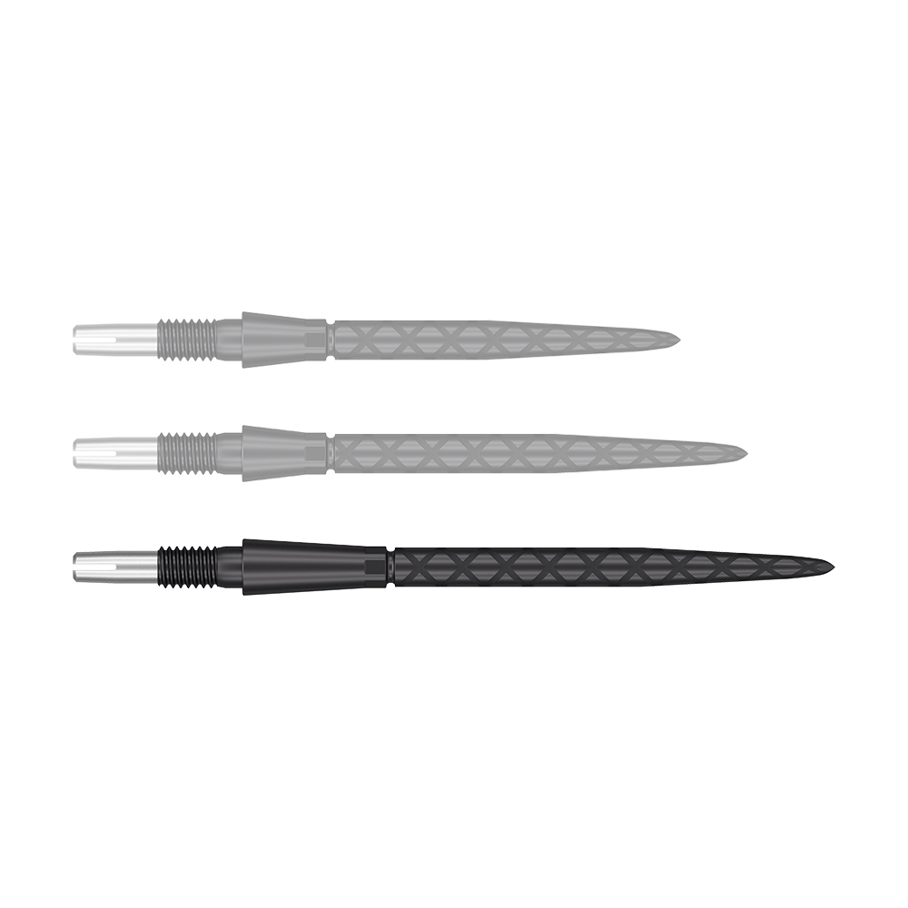 Target Swiss Storm Diamond Point Dart Tips - Black Auf dem Bild sind drei schwarze Dartspitzen mit diamantförmigem Muster zu sehen. Sie liegen parallel nebeneinander auf weißem Hintergrund.