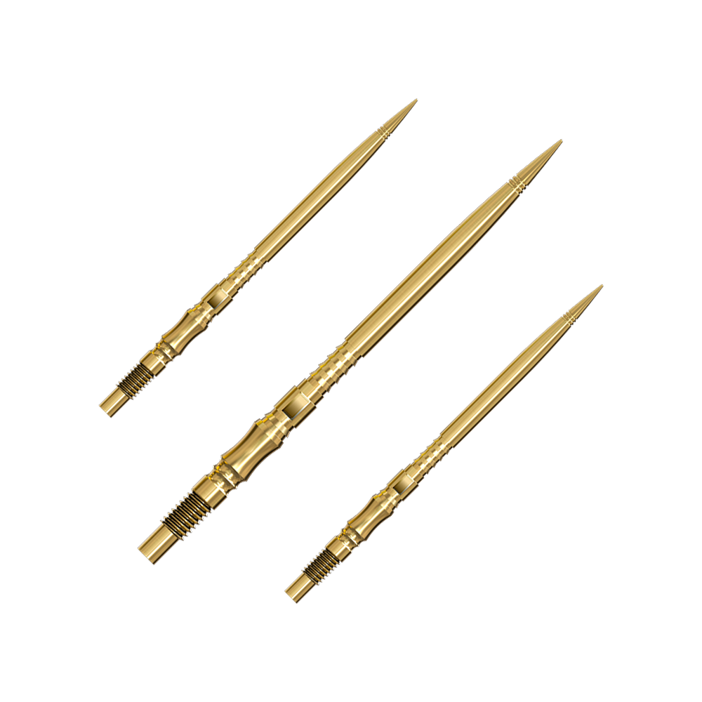 Harrows Quick Point Axis Elite Series Dart Tips - Gold Ein Set von mehreren goldfarbenen Dartspitzen liegt nebeneinander. Die Spitzen sind gut sortiert und übersichtlich angeordnet.