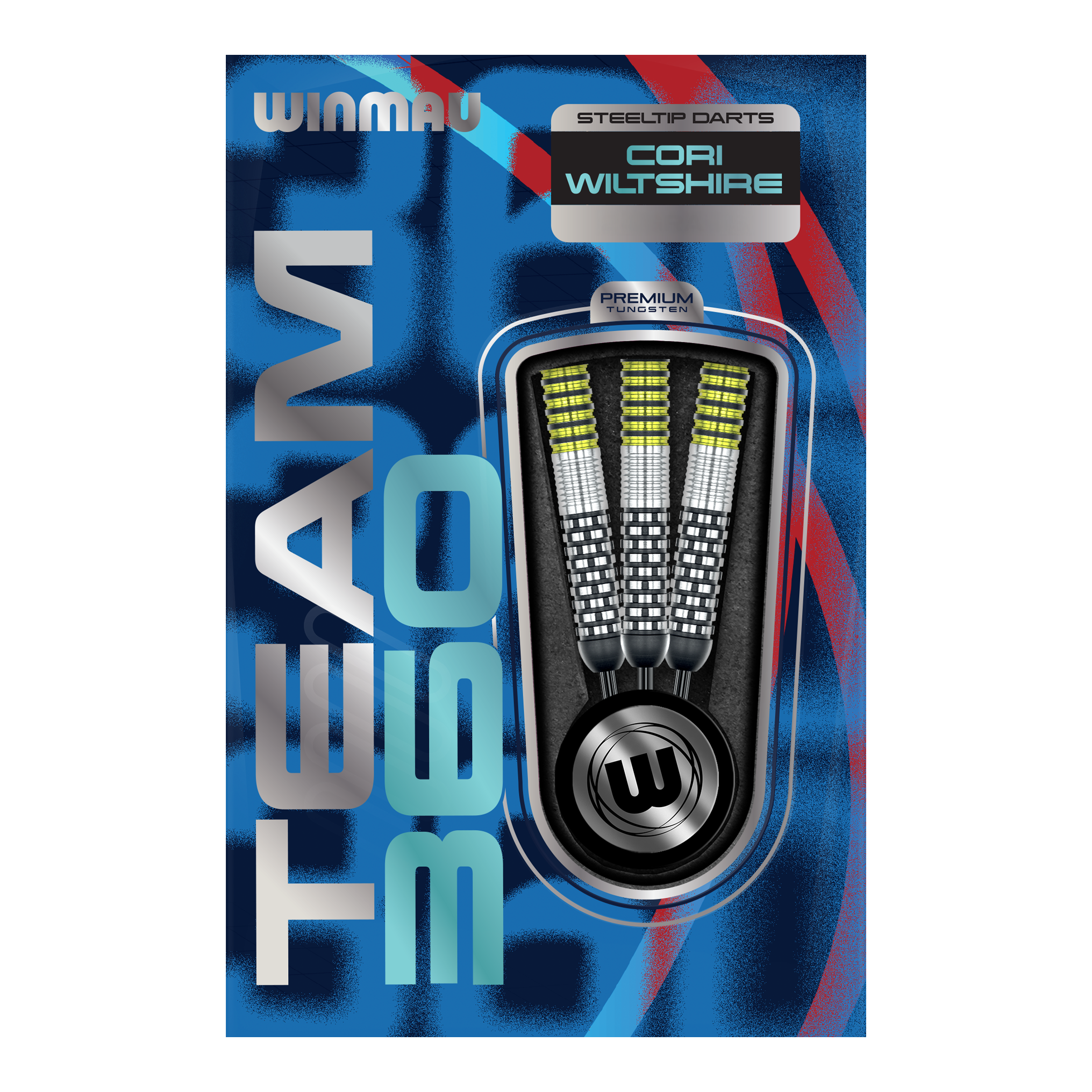 Gezeigt werden die Winmau Team 360 Cori Wiltshire Steeldarts, 24g schwer. Die Darts bieten hervorragende Kontrolle und Präzision beim Spielen.