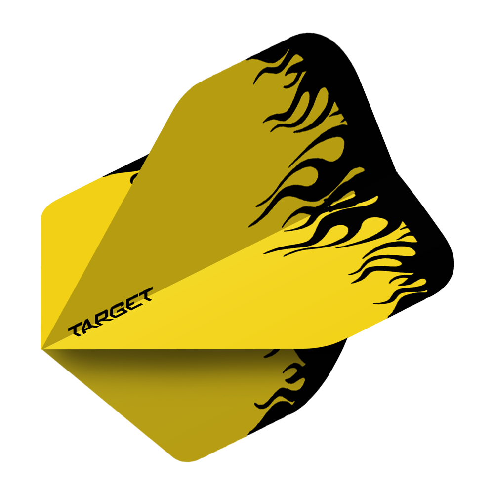 TG83_Target_Yellow_Flame_No2_Standard_Flights_2 Das Bild zeigt das Produkt „Target Yellow Flame No2 Standard Flights“. Die Dart-Flights sind gelb mit schwarzen Flammen und dem Schriftzug "Target".