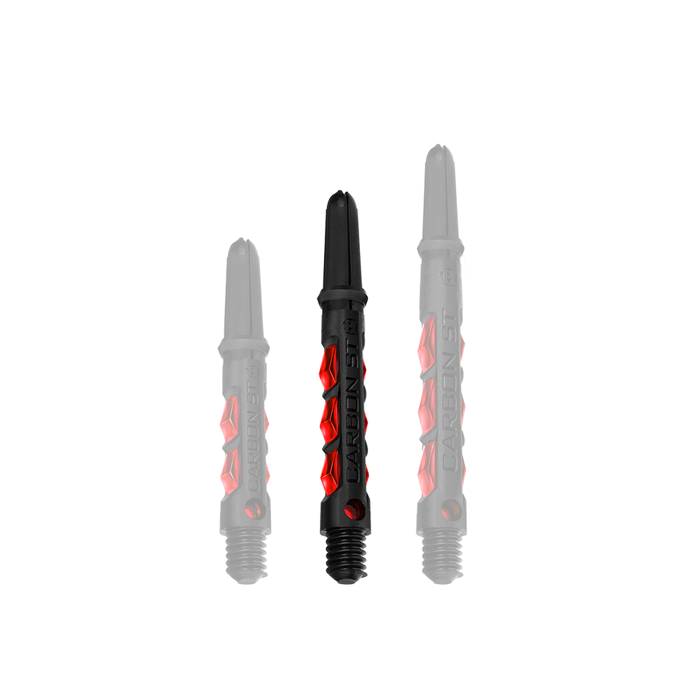 HR432_Harrows_Carbon_ST_Shafts_Rot_40mm_1ZiisrhfNIARLO Das Bild zeigt drei schwarze Harrows Carbon ST Shafts mit roten Akzenten in verschiedenen Längen. Die Schrift "CARBON ST" ist auf den Schäften zu sehen.