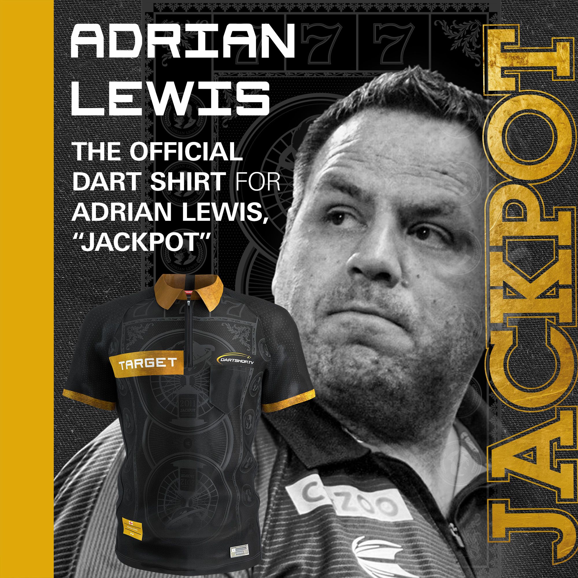 Das Bild zeigt das Target Adrian Lewis Dartshirt 2026. Dieses Shirt ist für Darts-Fans und Sammler konzipiert.