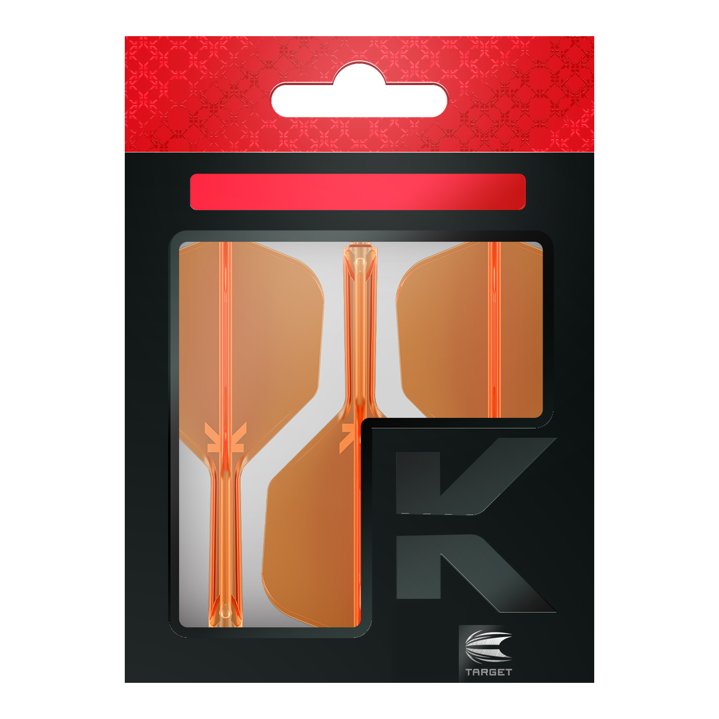 Target K-Flex No6 Flight System - Neon Orange Die Verpackung zeigt drei neonorange Dart-Flights der Marke Target. Das Design ist modern mit einem schwarz-roten Hintergrund und einem großen "K" auf der Vorderseite.