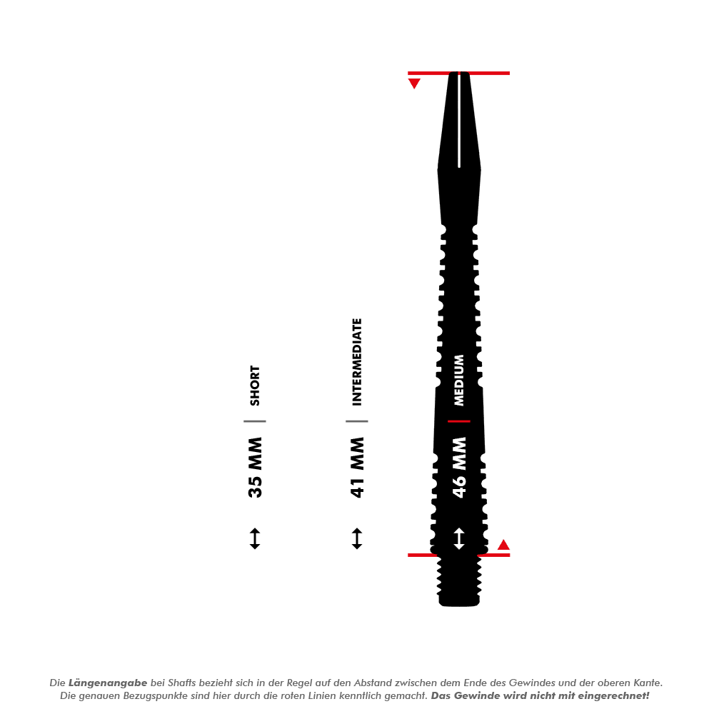 Das Bild zeigt drei verschiedene Längen von Dartschäften: 35 mm (kurz), 41 mm (mittel) und 46 mm (lang). Die Längenangabe bezieht sich auf den Abstand zwischen dem Ende des Gewindes und der oberen Kante, wobei das Gewinde nicht mit eingerechnet wird.