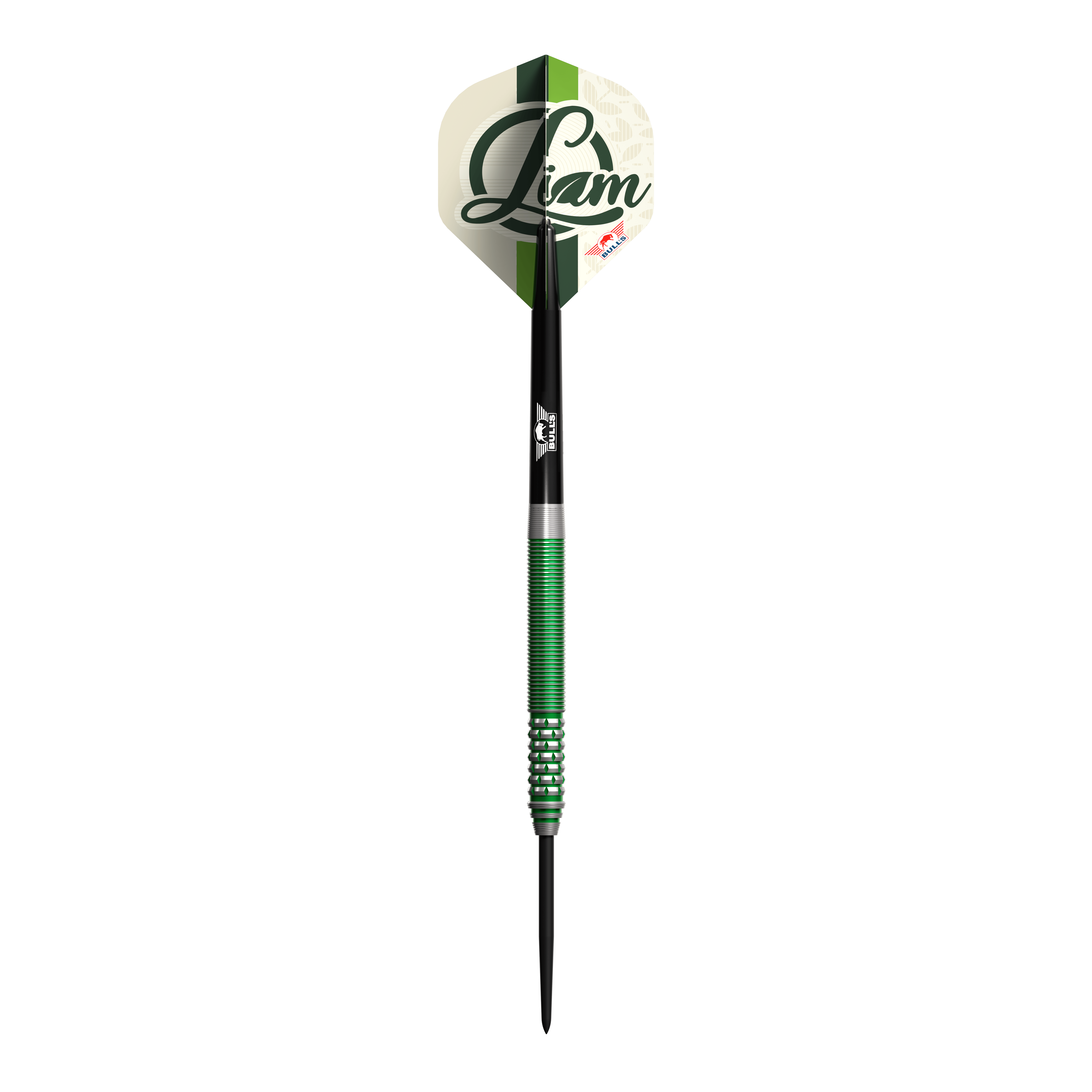 Bulls NL Liam Maendl Lawrance Steeldarts - 23g Auf dem Bild ist ein Steeldart mit grünen Akzenten und dem Namen "Liam" auf dem Flight zu sehen. Es handelt sich um das Produkt "Bulls NL Liam Maendl Lawrance Steeldarts - 23g".