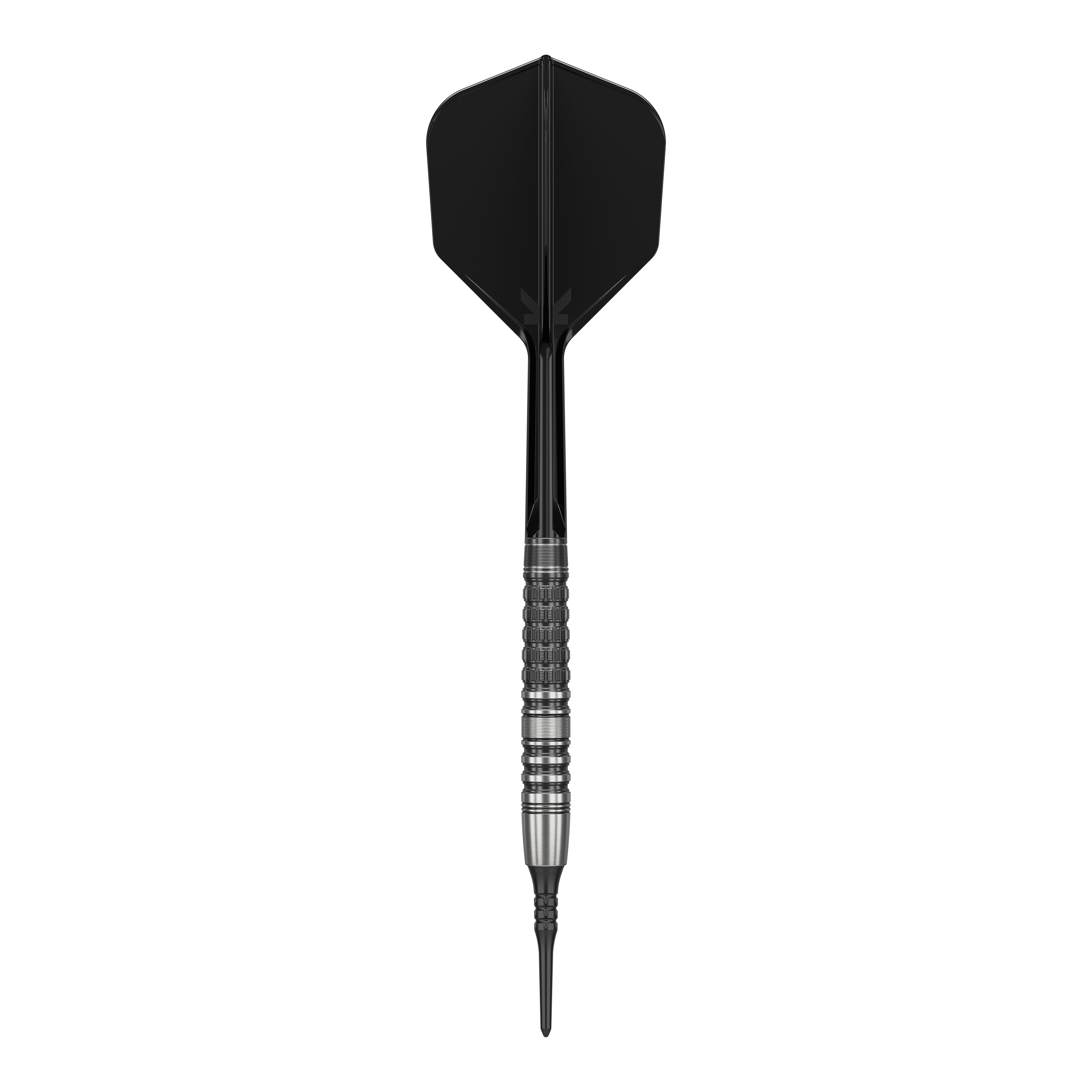 Target Japan Black Marque Lumiere GEN3 Soft Darts - 18.5g Das Bild zeigt einen Softdart mit schwarzer Spitze, schwarzem Shaft und Flight sowie einem silbernen, strukturierten Barrel. Es handelt sich um den "Target Japan Black Marque Lumiere GEN3 Softdarts - 18,5g".