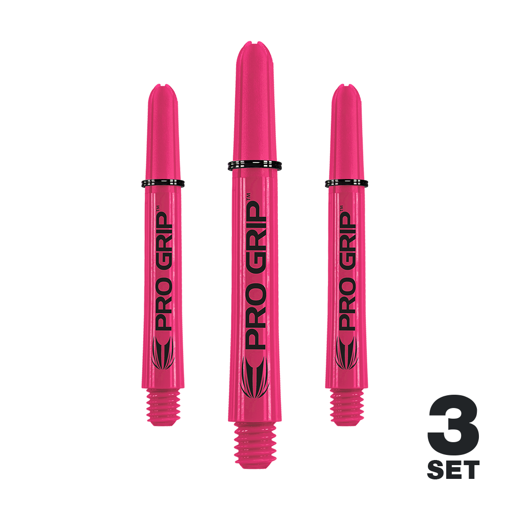 Target Pro Grip Shafts - 3 Sets - Pink Das Bild zeigt drei pinke Pro Grip Shafts für Darts. Unten rechts steht "3 Set" geschrieben.