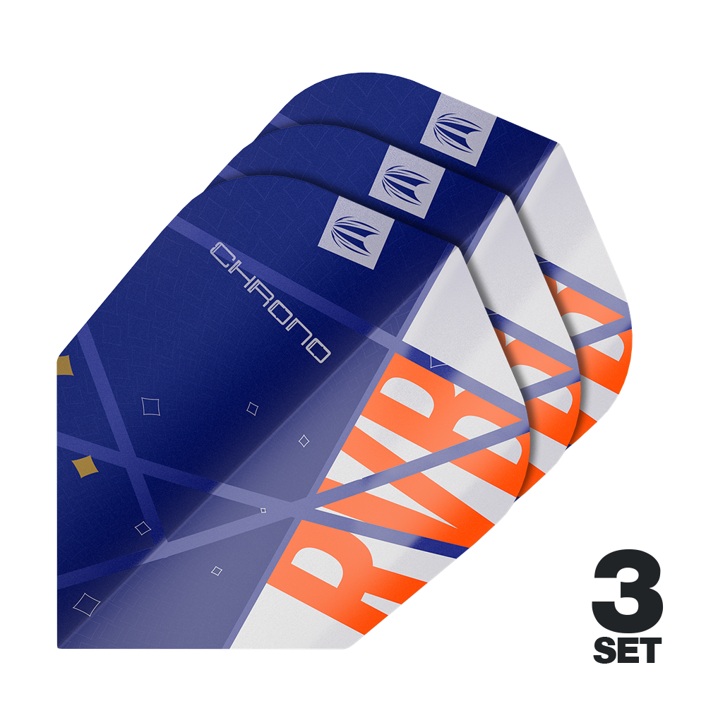 Target Pro Ultra Raymond Van Barneveld Chrono No6 Flights - 3 Sets Das Bild zeigt drei Sets der Target Pro Ultra Raymond Van Barneveld Chrono No6 Flights. Die Flights sind hauptsächlich blau mit weißen und orangefarbenen Akzenten gestaltet.