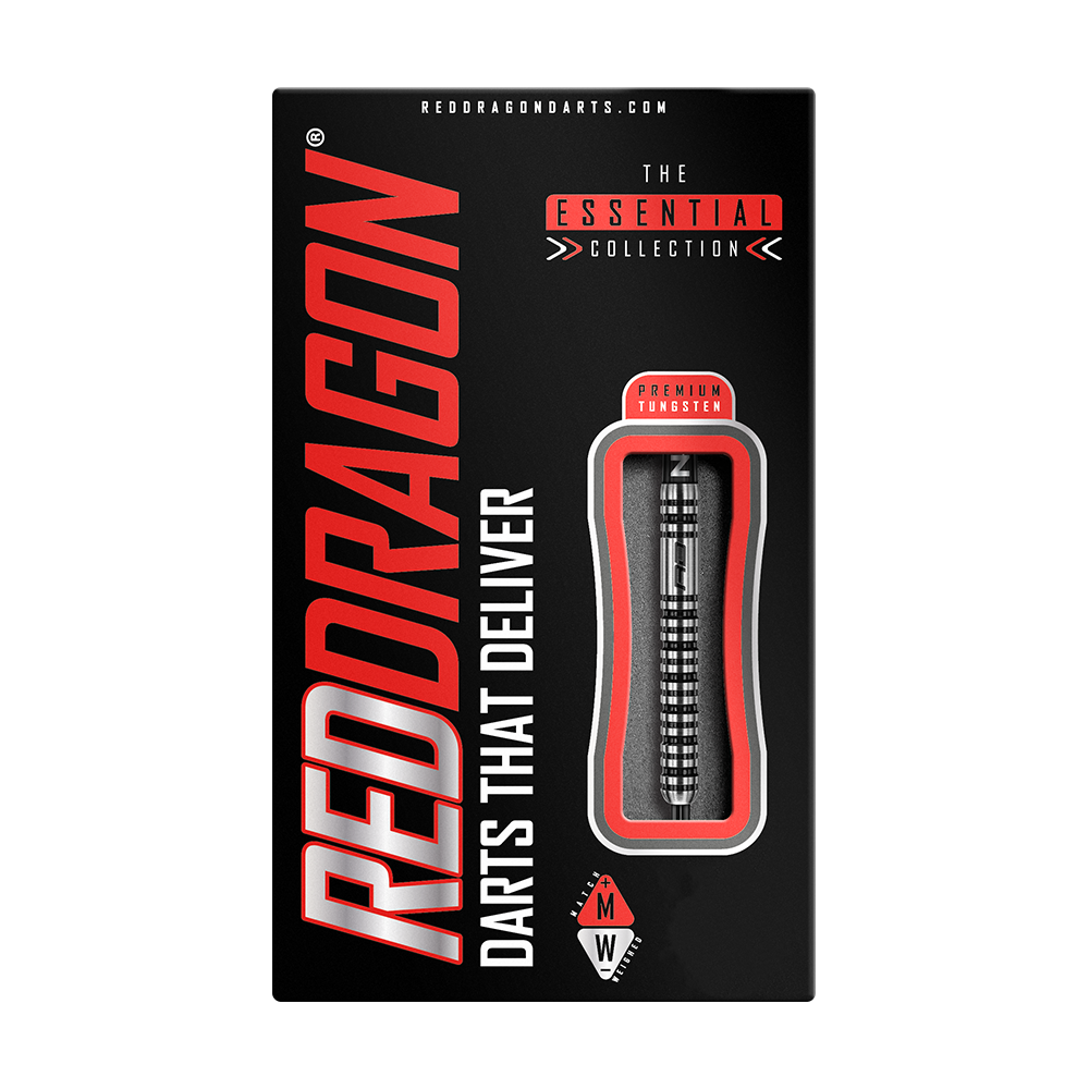RD1892-RedDragon-Dragonfly-3-Steeldarts-3 Auf dem Bild ist eine Verpackung für Darts der Marke RedDragon zu sehen. In der Mitte der Verpackung befindet sich ein Dartpfeil, und der Schriftzug "DARTS THAT DELIVER" ist deutlich lesbar.