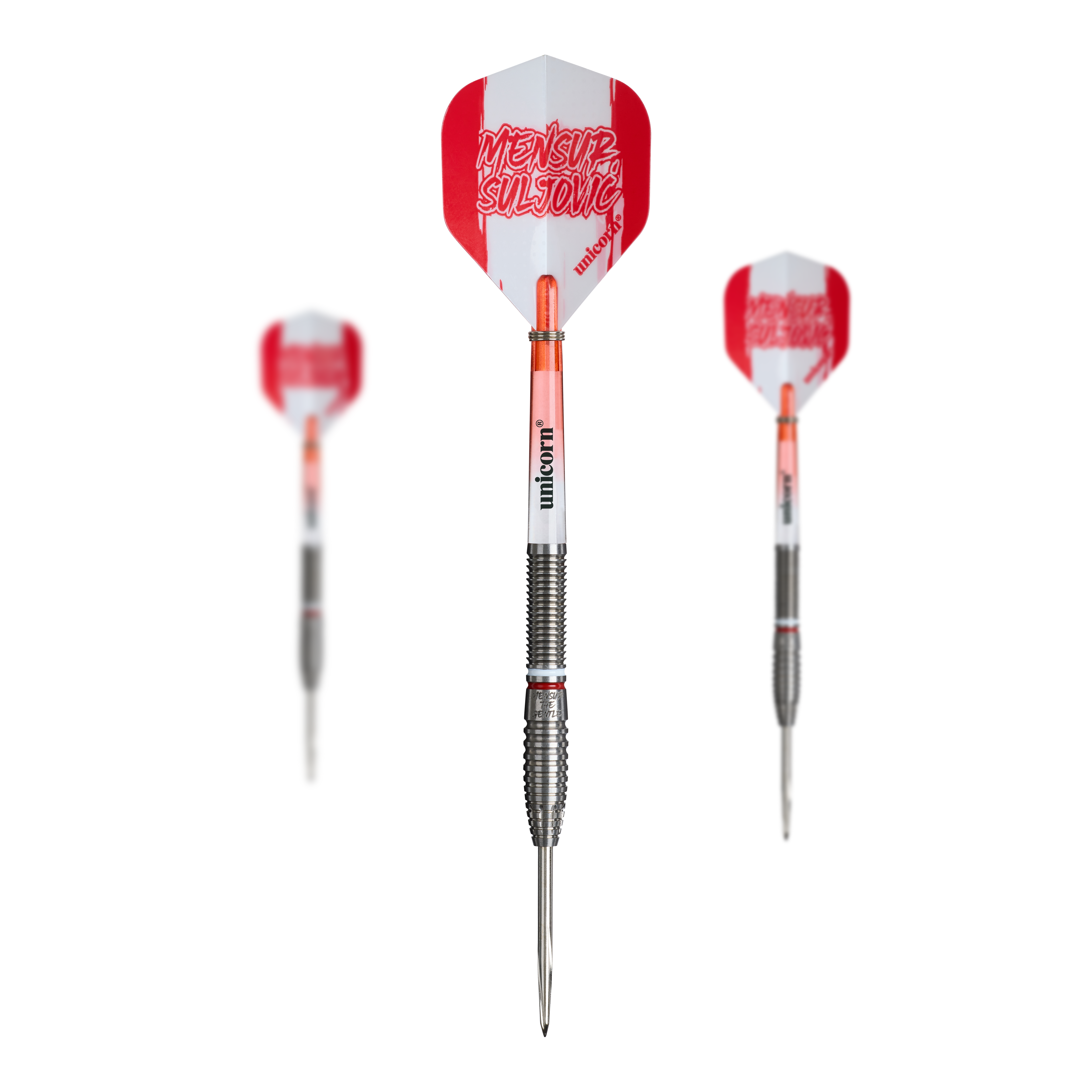 Die Abbildung zeigt Unicorn Mensur Suljovic The Gentle Steeldarts - 23g als Set. Es handelt sich um ein komplettes Dart-Set für ambitionierte Spieler.
