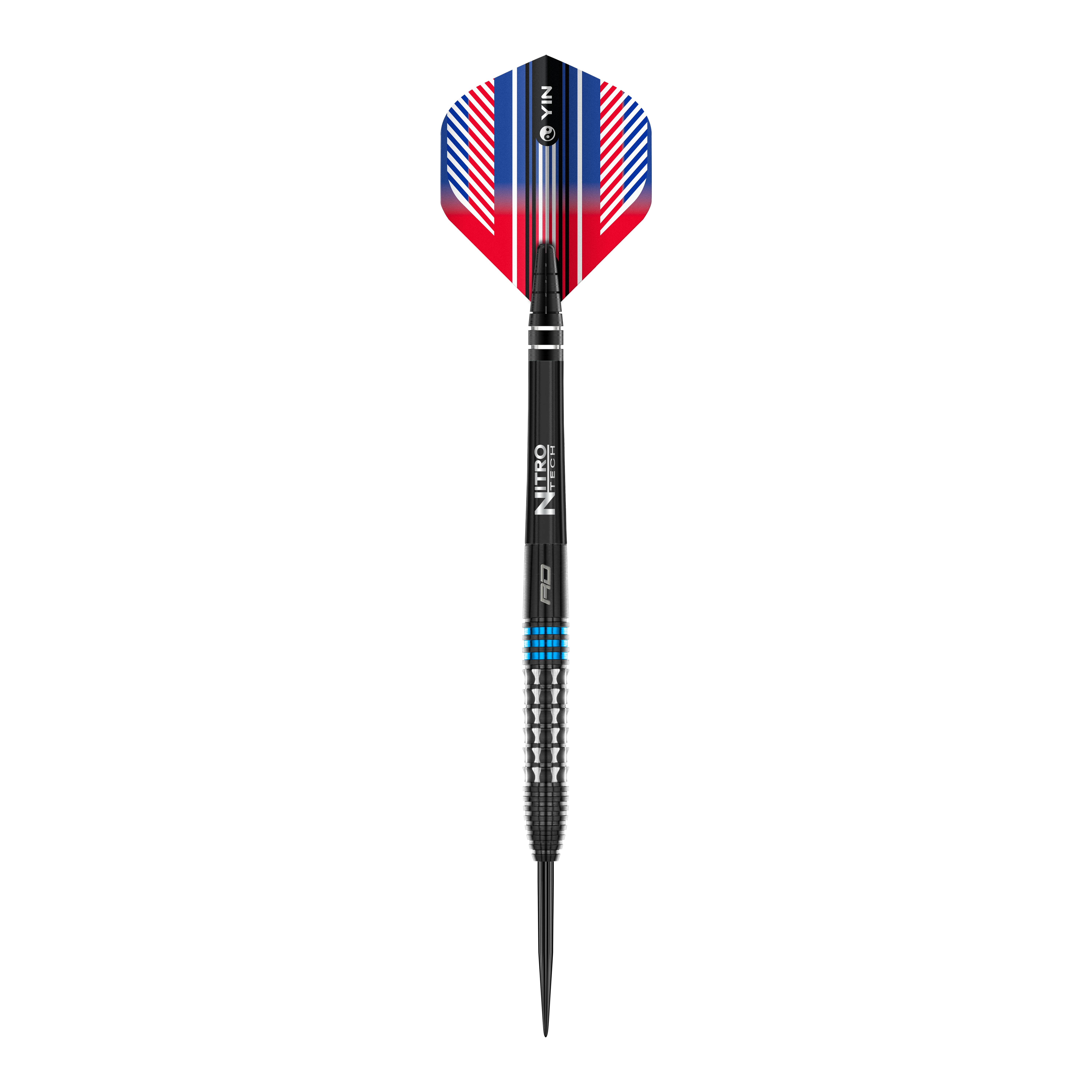 Das Bild zeigt einen Red Dragon Vengeance Blue Steeldart. Der Dart hat blaue und silberne Akzente sowie einen farbigen Flight in Rot, Blau und Weiß.