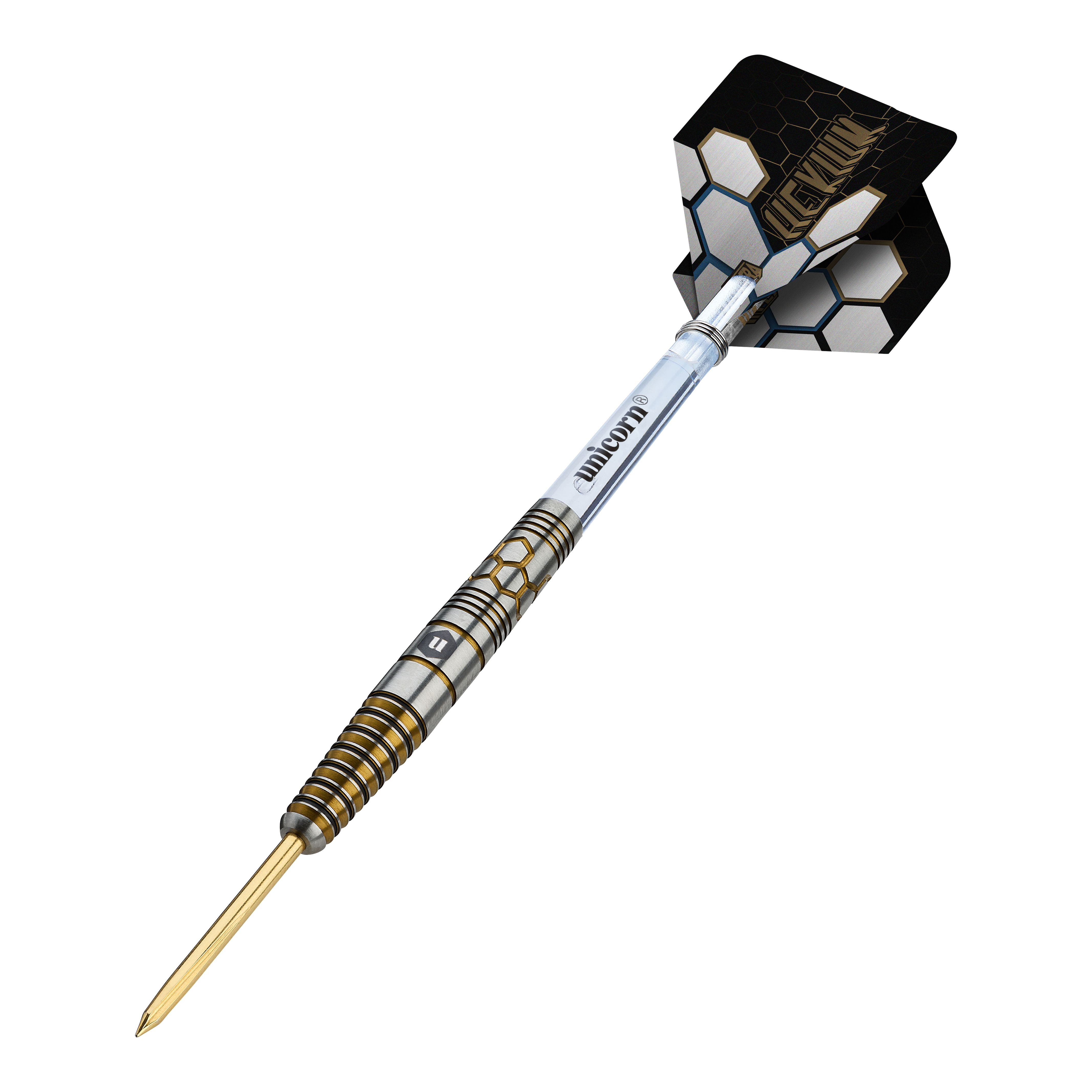 Unicorn Hexium Style 03 Gold & Black Steeldarts Unicorn Hexium Style 03 Gold & Black Steeldarts sind auf diesem Bild zu sehen. Das Design kombiniert schwarze und goldene Elemente auf den Steeldarts.