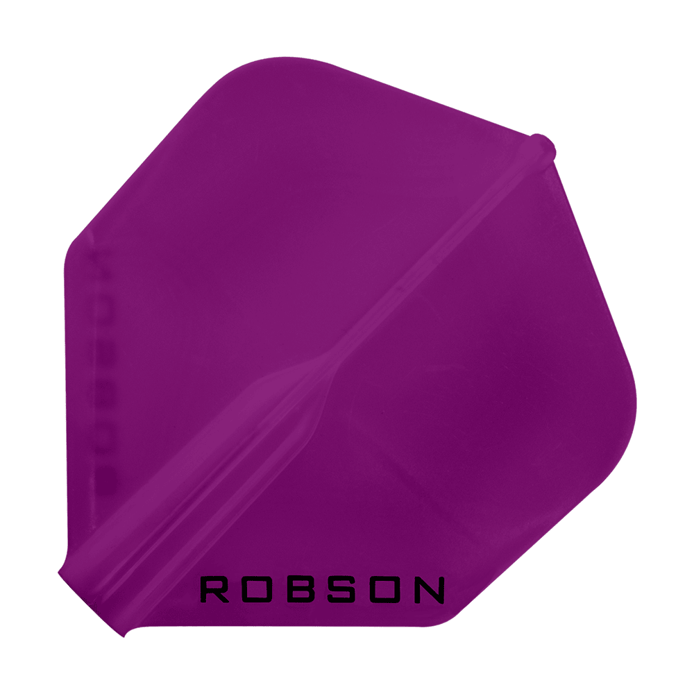 Das Bild zeigt ein violettes Dartflugblatt in Standardform. Unten auf dem Flugblatt steht das Wort "ROBSON".