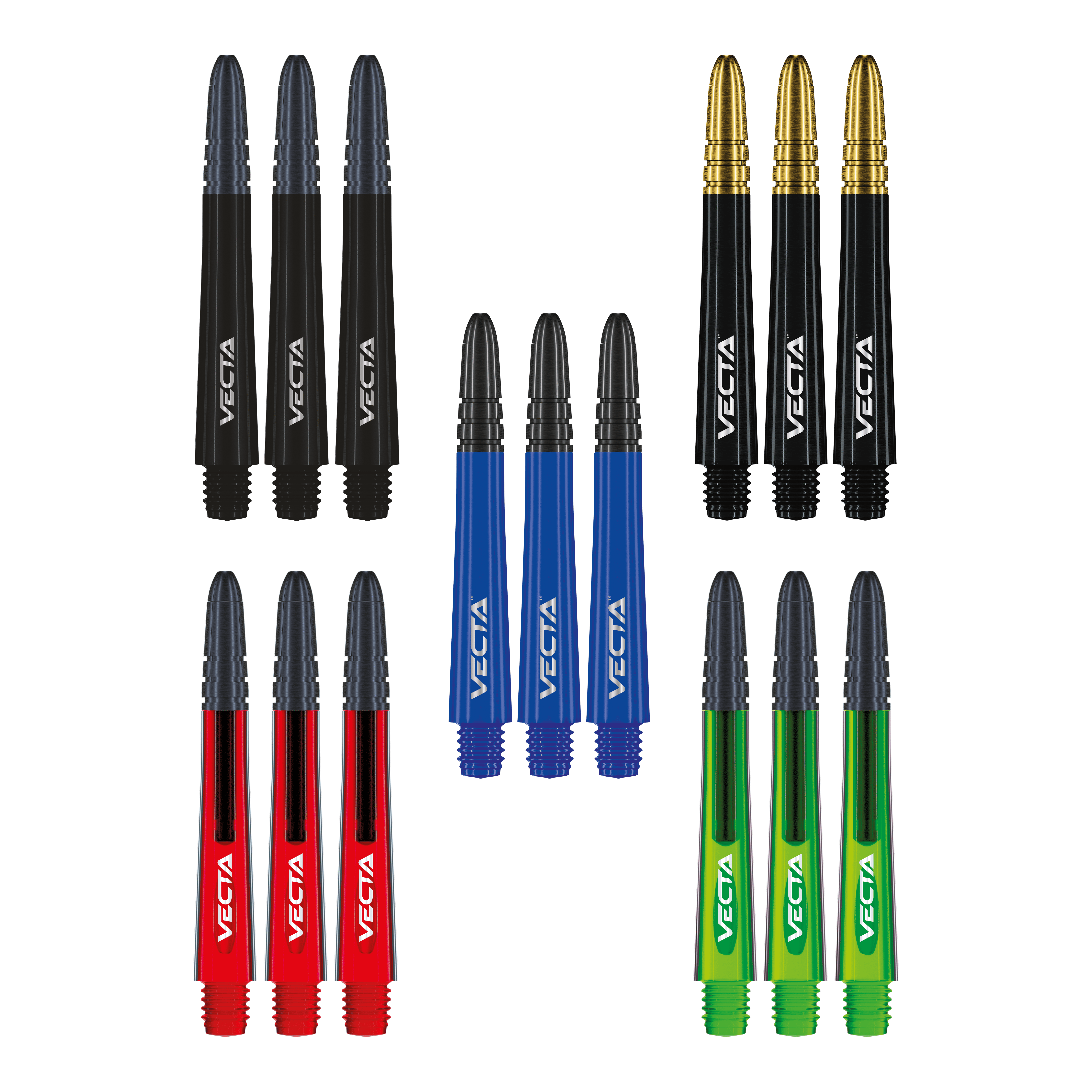 Winmau Vecta Shaft Collection Das Foto zeigt die Winmau Vecta Shaft Collection. Die Sammlung umfasst verschiedene Dartschäfte.