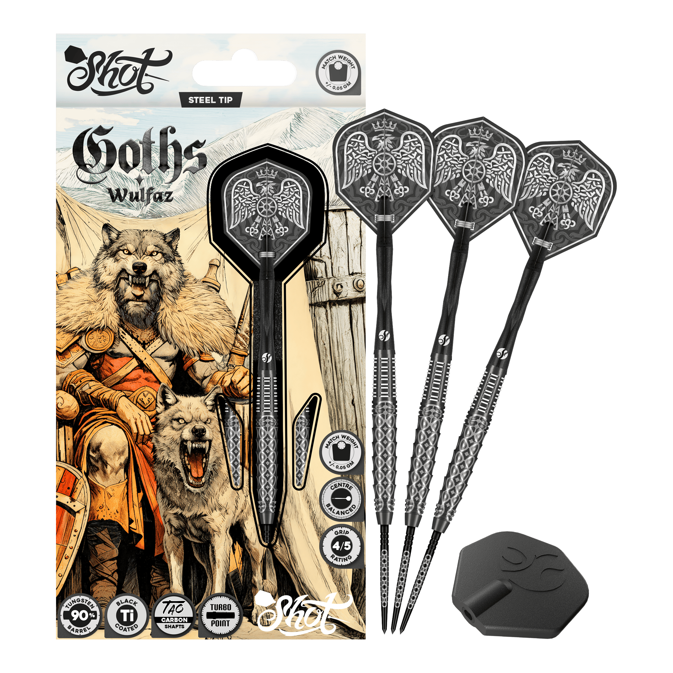 Shot Goths Wulfaz Turbo Point Steel Darts - 23g Auf diesem Bild sieht man die Shot Goths Wulfaz Turbo Point Steeldarts - 23g in voller Ansicht. Das Design ist auffällig und für Dart-Fans interessant.