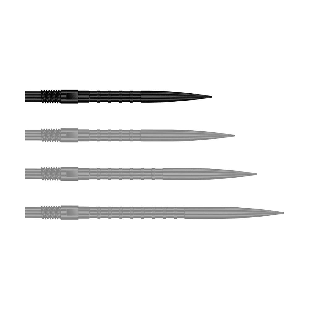 Harrows Quick Point Heavy Metal Dart Tips - Black Das Bild stellt QP33164 Harrows Quick Point HeavyMetalGrip Dartspitzen Schwarz 26mm dar. Diese Dartspitzen sind schwarz und besitzen einen starken Metallgriff.