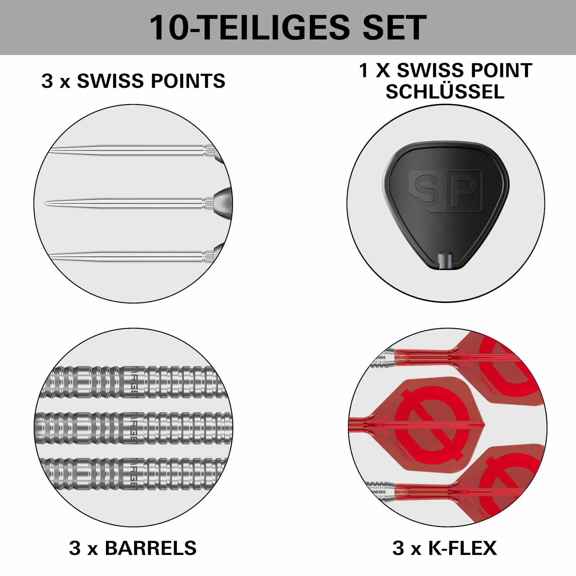 Target Group O 03 Swiss Points Steel Darts Das Bild präsentiert das Target Group O 03 Swiss Points Steeldarts Set. Die Darts sind aus einer anderen Perspektive zu sehen.