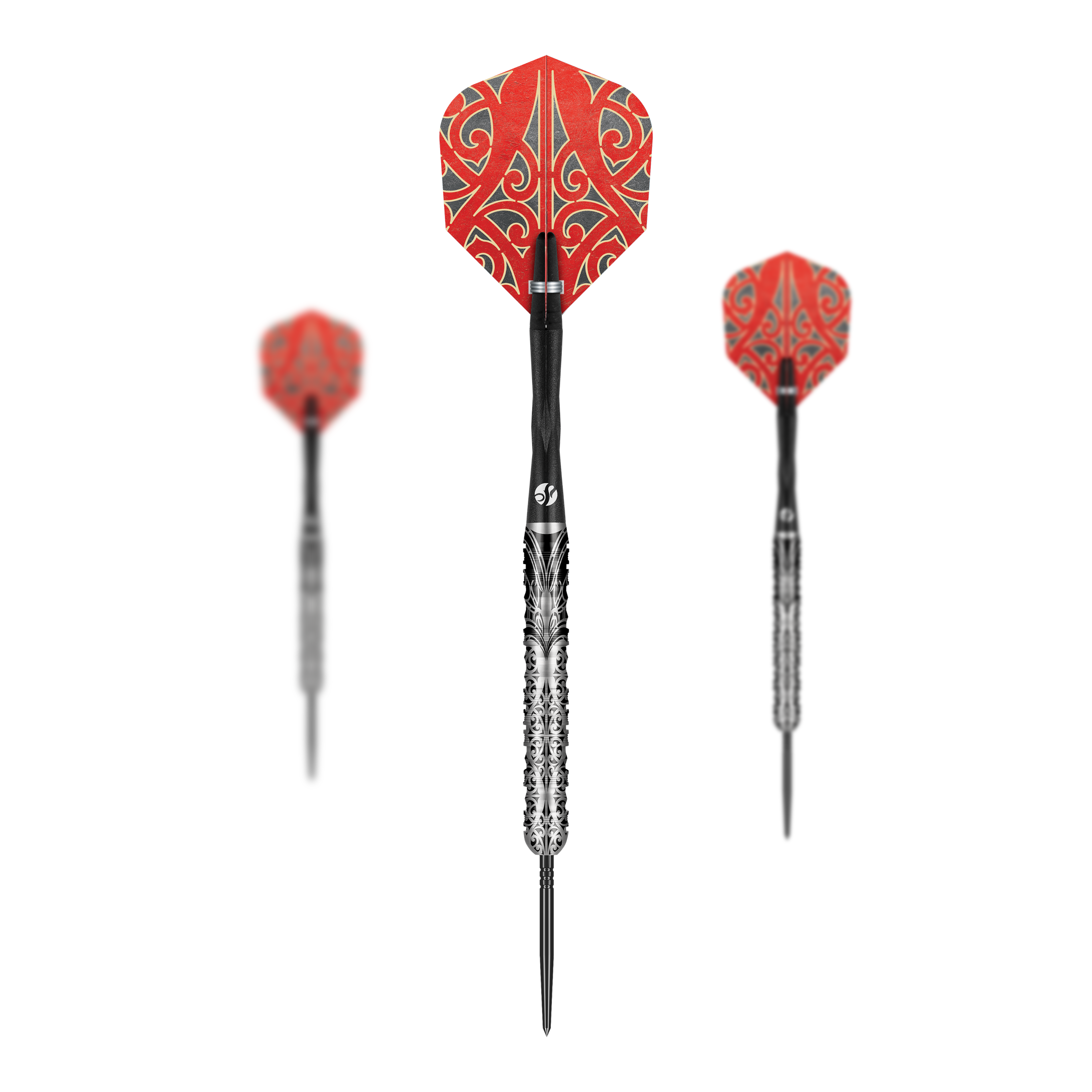 Shot Warrior Taiaha Turbo Point Steeldarts Das Produktfoto zeigt mehrere Shot Warrior Taiaha TurboPoints Steeldarts. Die Darts sind detailliert gestaltet.