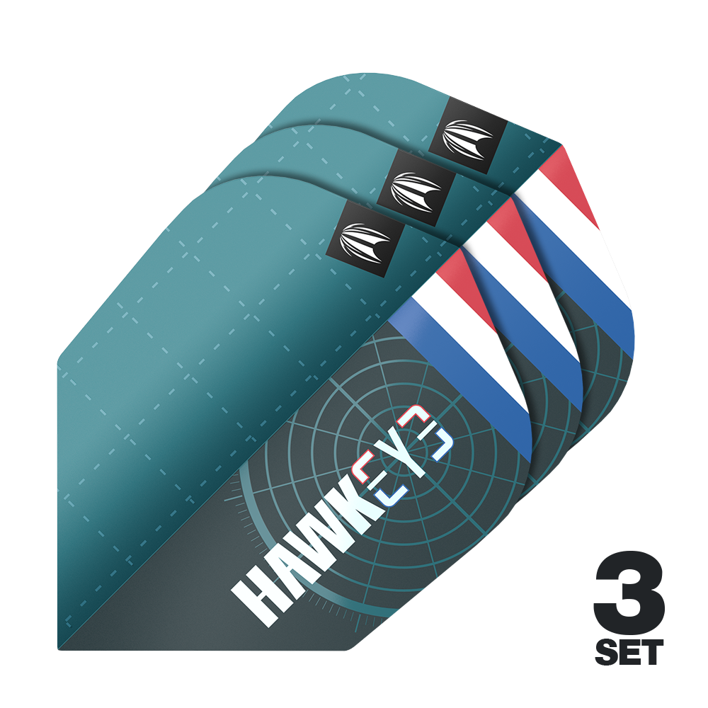 Das Bild zeigt drei Sätze von Target Pro Ultra Kevin Doets GEN1 No6 Flights. Die Flights sind überwiegend blau mit einem weißen und roten Streifen und dem Schriftzug "HAWK" darauf.