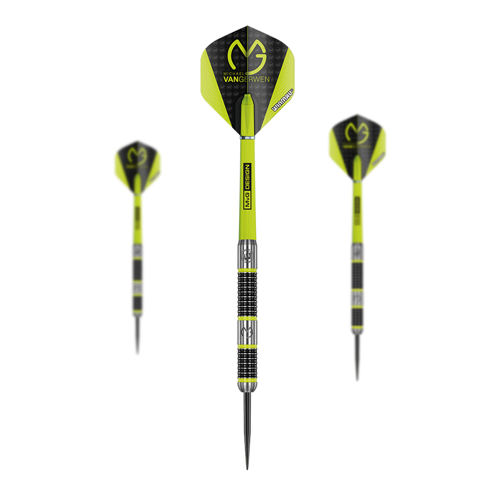 Winmau Michael Van Gerwen MvG Aspire Steeldarts Das Bild zeigt drei Winmau Michael Van Gerwen MvG Aspire Steeldarts. Die Darts sind schwarz-gelb gestaltet und tragen das MvG-Logo auf den Flights.