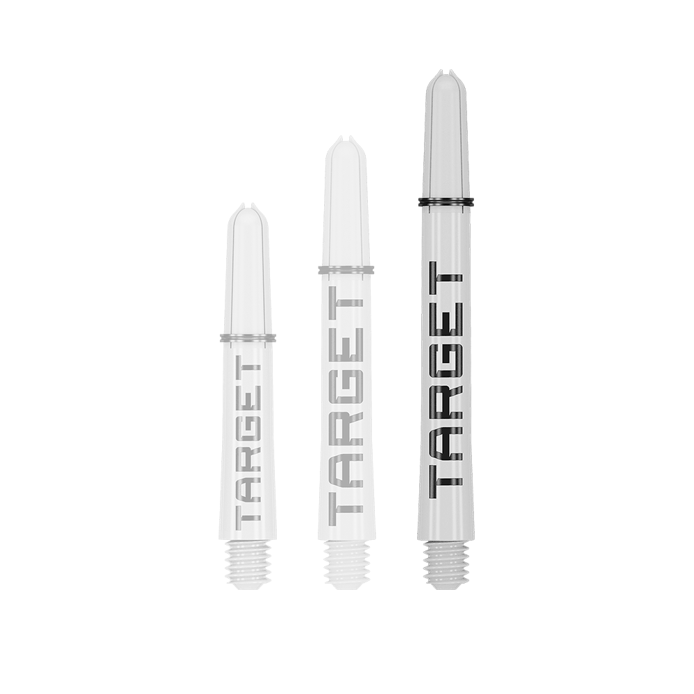 Auf dem Bild sind drei weiße Dartschäfte in unterschiedlichen Längen zu sehen. Auf jedem Schaft steht das Wort "TARGET" in schwarzen Buchstaben.