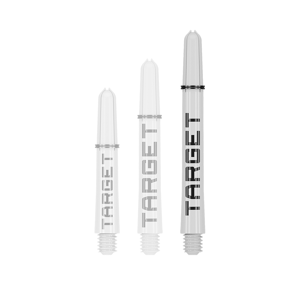 Target Pro Grip TAG Shafts - 3 Sets - White Auf dem Bild sind drei weiße Dartschäfte in unterschiedlichen Längen zu sehen. Auf jedem Schaft steht das Wort "TARGET" in schwarzen Buchstaben.