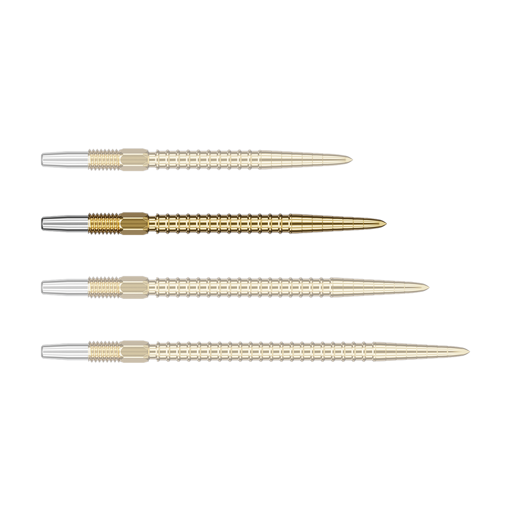 Target Swiss Point Chrono Dart Tips - Gold Auf dem Bild sind vier goldene Dartspitzen mit silbernem Anschluss zu sehen. Sie sind gleichmäßig nebeneinander angeordnet.