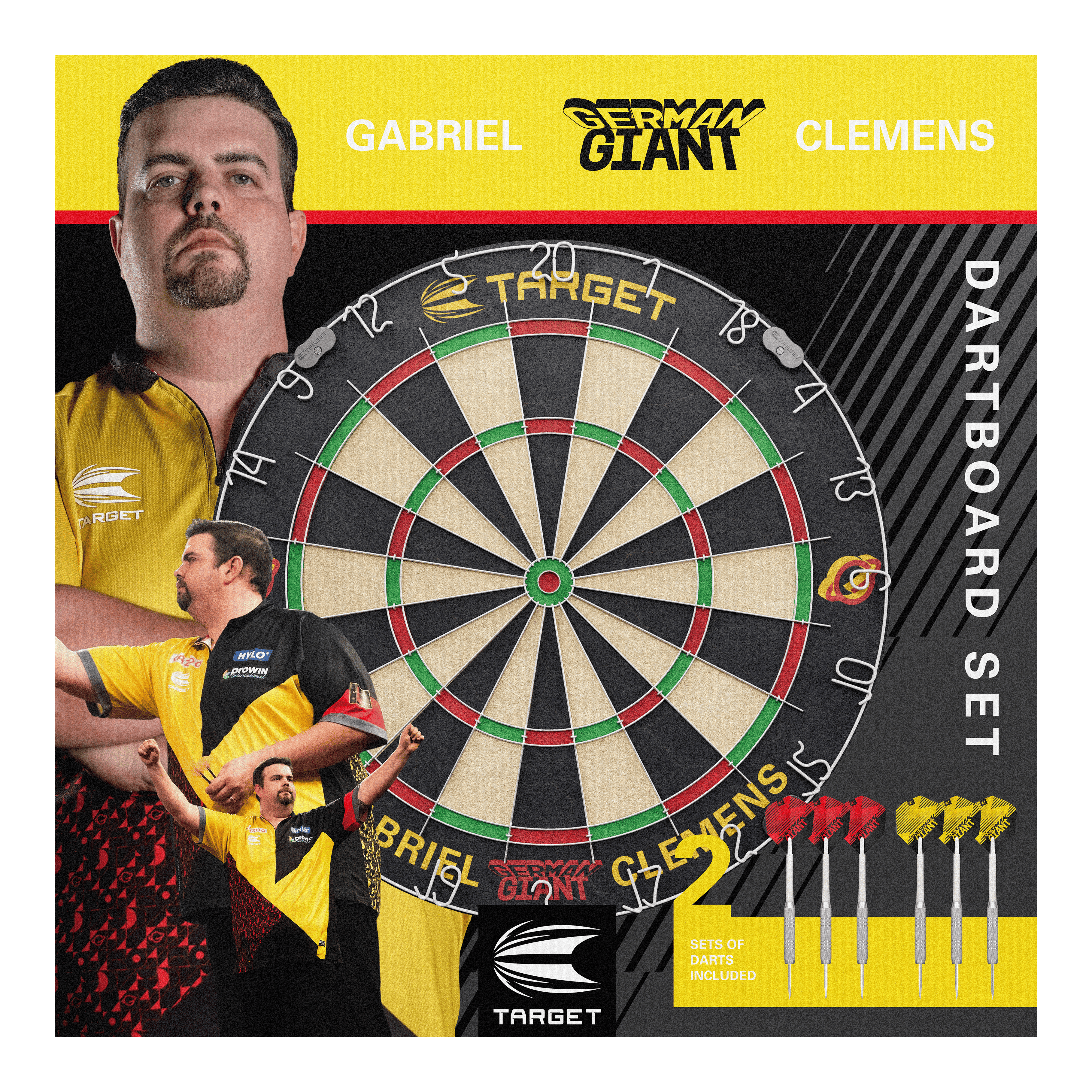 Target Gabriel Clemens steel dartboard set Das Bild zeigt das "Target Gabriel Clemens Steeldartboard Set" mit einem großen Dartboard in der Mitte. Rechts unten sind zwei Sets von Darts abgebildet, und im Hintergrund sieht man Bilder von Gabriel Clemens.