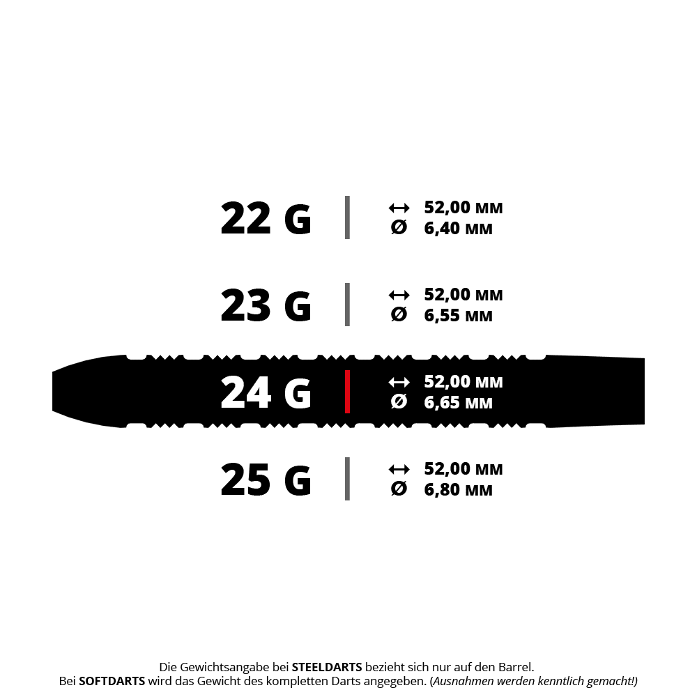 Das Foto zeigt BT0230 Bullet Shadow Steeldarts, die 24 Gramm wiegen. Diese Darts eignen sich ideal für ambitionierte Spieler.