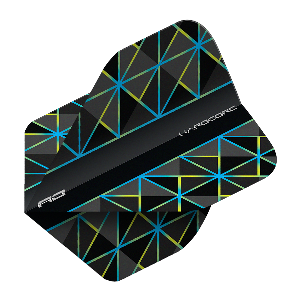 Das Bild zeigt ein Dartflight des Modells 'Red Dragon Hardcore Dragonfly 95 No2 Standard Flights'. Es ist schwarz mit blauen und gelben geometrischen Linien gestaltet.