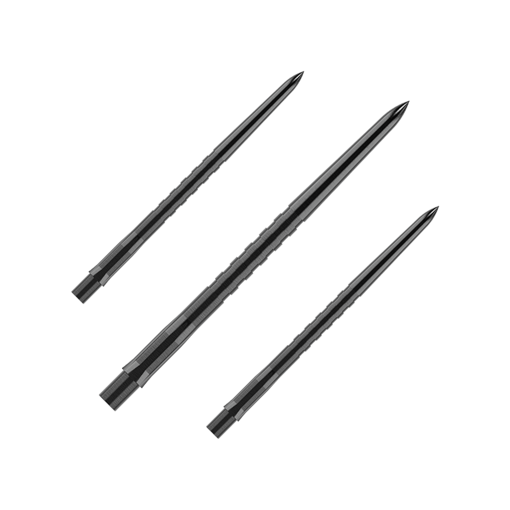 Mission Caliburn EVO Dart Tips - Grooved - Black Auf dem Bild sind drei schwarze, gerillte Steel-Dartspitzen zu sehen. Sie liegen nebeneinander auf einem einfarbigen Hintergrund.