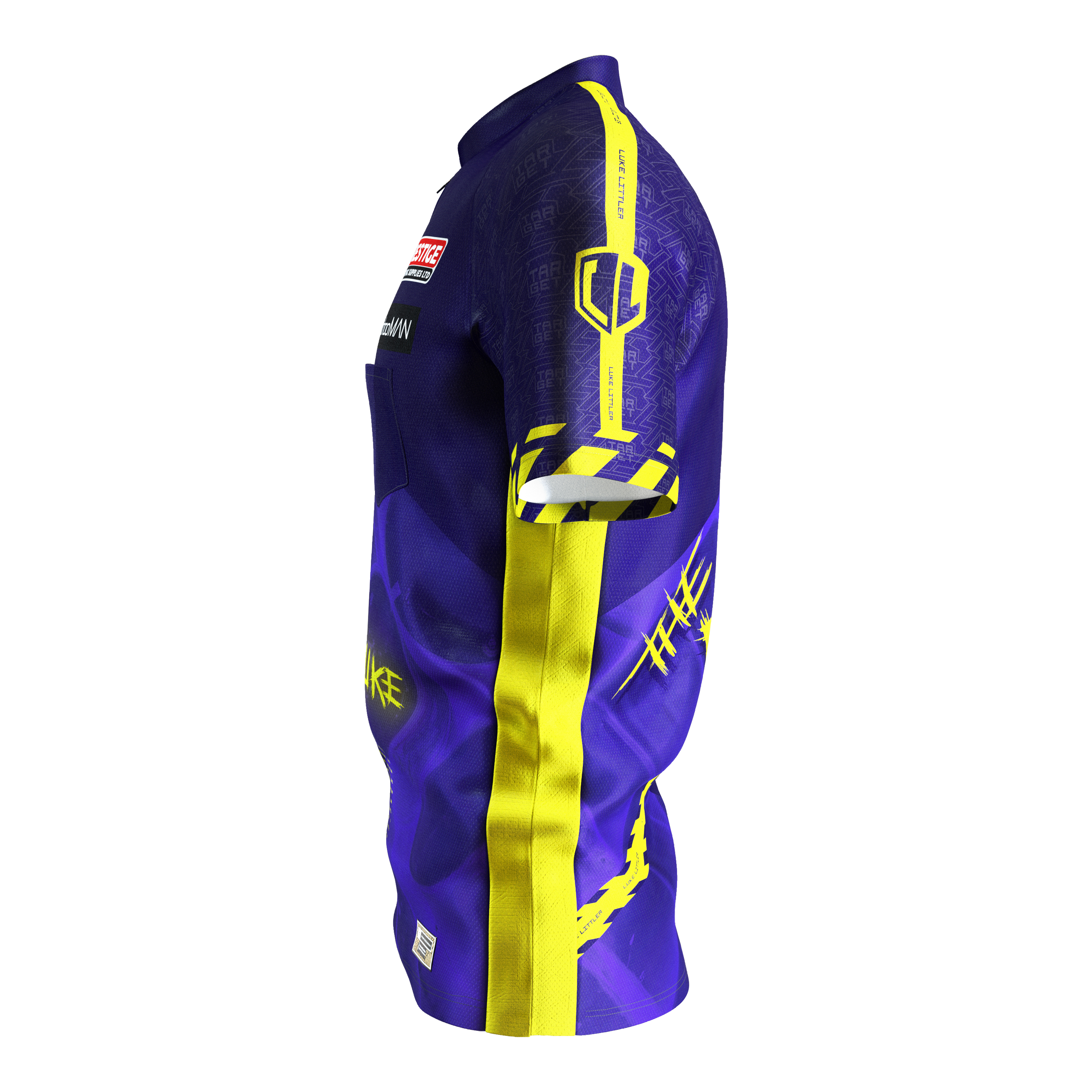 Target Coolplay Luke Littler 2025 dart shirt Das Bild zeigt ein Dartshirt in lila und gelb mit auffälligem Design. Auf dem Ärmel steht "LUKE LITTLER" und es sind verschiedene grafische Elemente abgebildet.