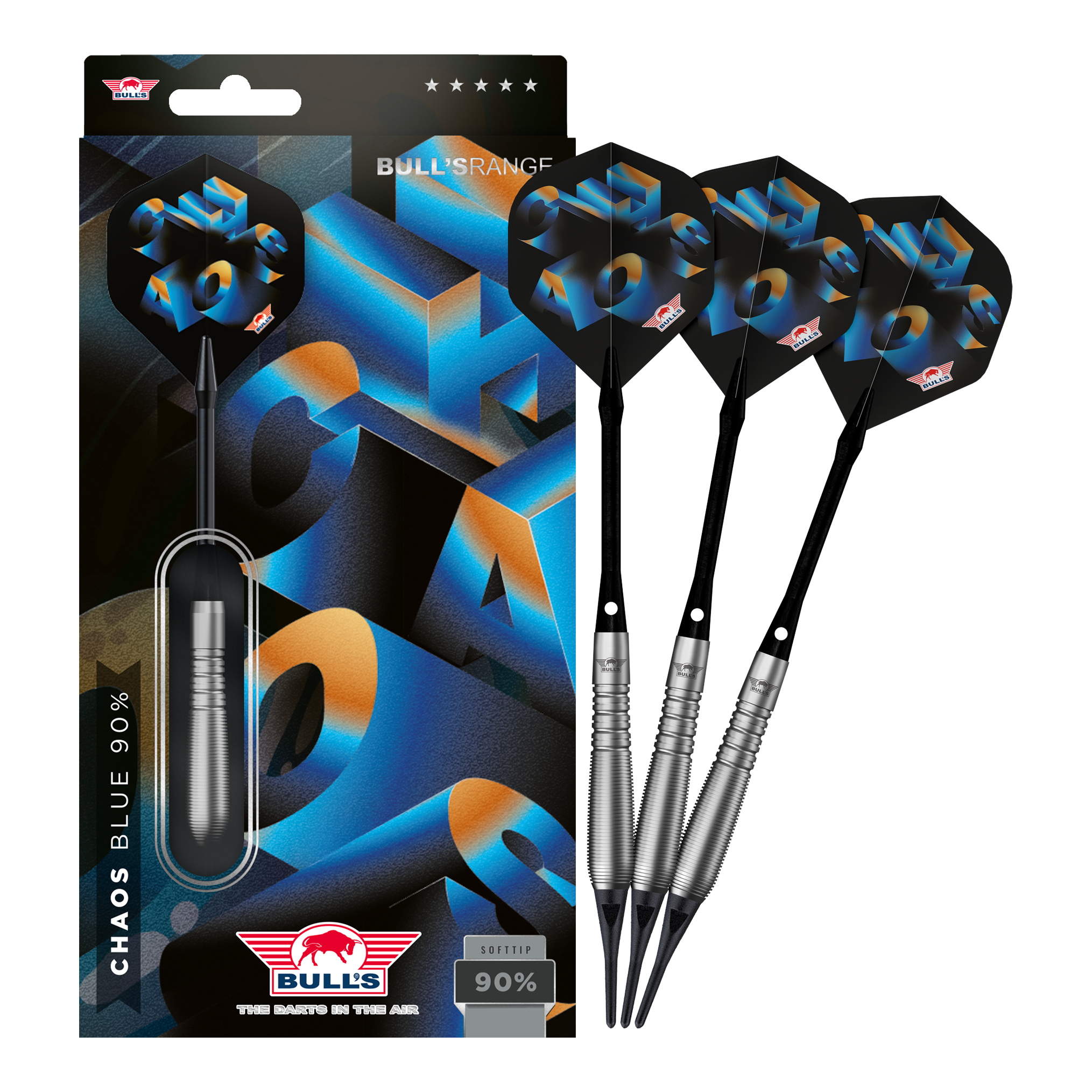 Das Foto präsentiert Bulls NL Chaos Blue Softdarts mit 19g Gewicht in ihrer vollen Länge. Die Softdarts sind in auffälligem Blau gehalten.