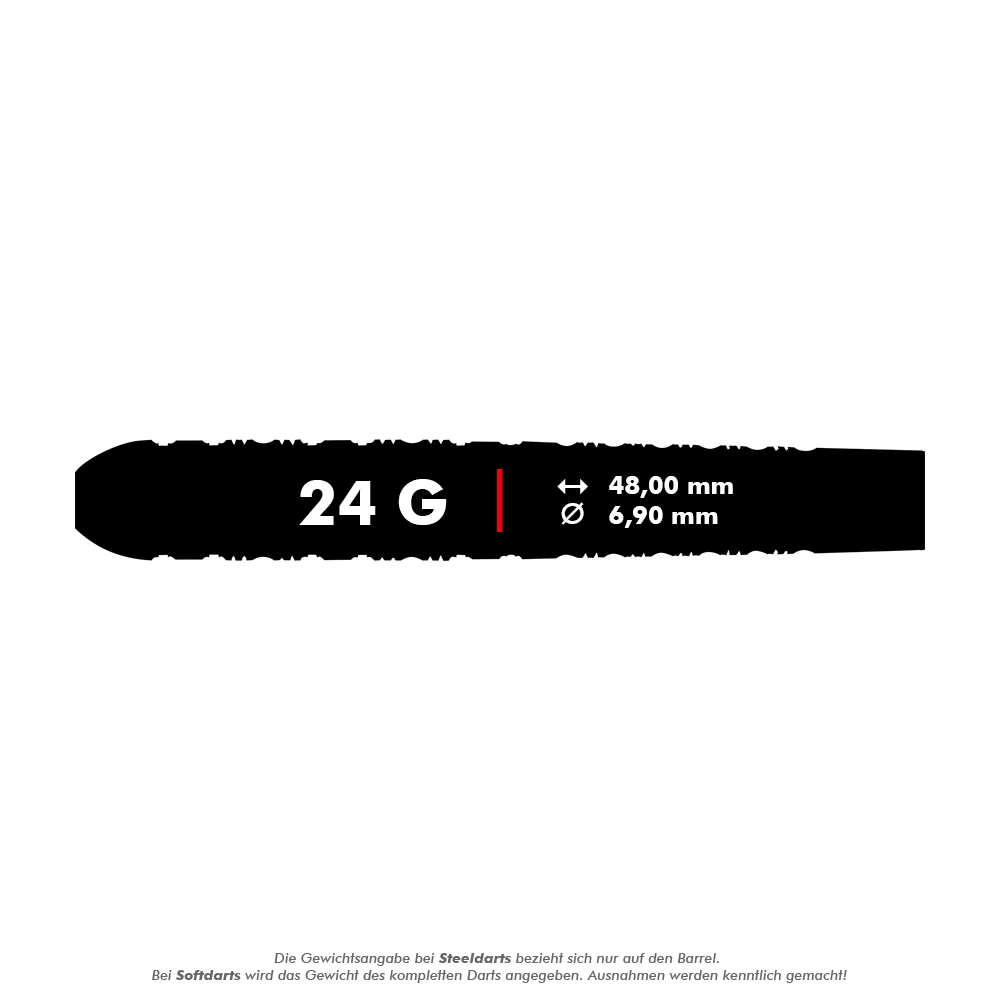 Shot Pro-Series Haupai Puha 2 steel darts - 24g Das Bild zeigt die Produktdetails der Shot Pro-Series Haupai Puha 2 Steeldarts mit einem Gewicht von 24 Gramm. Die Darts haben eine Länge von 48,00 mm und einen Durchmesser von 6,90 mm.