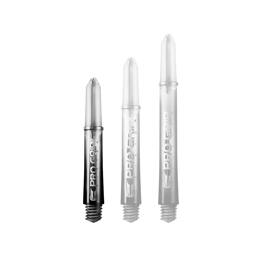 Target Pro Grip Vision Shafts - 3 Sets - Black Auf dem Bild sind drei schwarze Dartschäfte in unterschiedlicher Länge zu sehen. Auf jedem Schaft steht der Schriftzug „PRO GRIP“.
