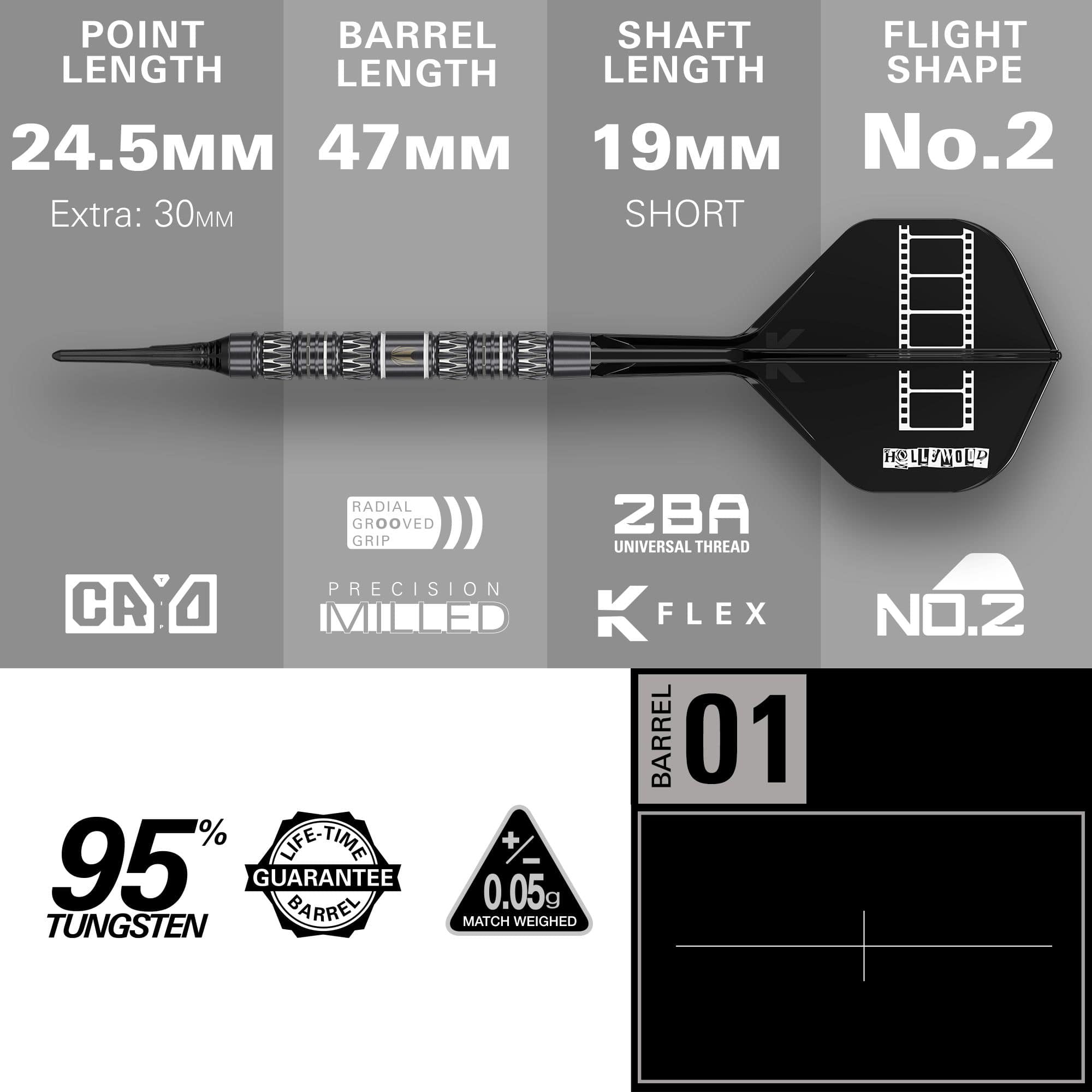 Auf dem Bild sind die Target Chris Dobey 95K Softdarts - 18g zu sehen. Diese Softdarts zeichnen sich durch ihr elegantes Design und ihre Präzision aus.