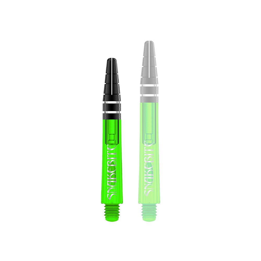 Auf dem Bild sind zwei grüne Dartshafts der Marke Red Dragon Nitrotech Peter Wright zu sehen. Die Shafts haben schwarze Spitzen und sind mit dem Schriftzug "Snakebite" bedruckt.