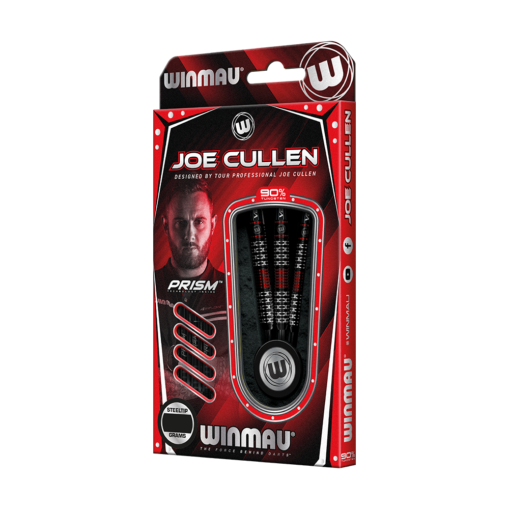 1470_Winmau_Joe_Cullen_Special_Edition_Steeldarts_3 Auf dem Bild ist eine Verpackung für Winmau-Steeldarts, die das Design von Joe Cullen trägt. Die Verpackung ist überwiegend rot und schwarz und zeigt drei Darts sowie ein Porträt von Joe Cullen.