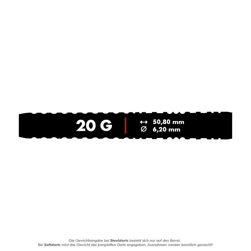 Red Dragon Peter Wright Copper Fusion Soft Darts - 20g Das Bild zeigt die Produktbeschreibung für "Red Dragon Peter Wright Copper Fusion Softdarts - 20g". Die Abmessungen des Darts sind 50,80 mm Länge und 6,20 mm Durchmesser.