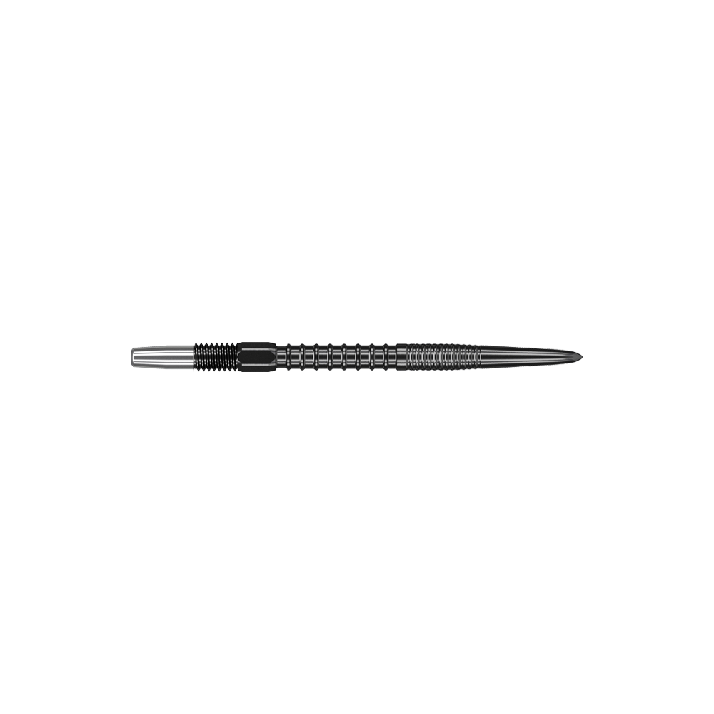 Target Swiss Firepoint Black dart tips Dies ist eine schwarze Dartspitze mit einem geriffelten Schaft. Sie ist lang und schlank geformt und misst 30 mm.
