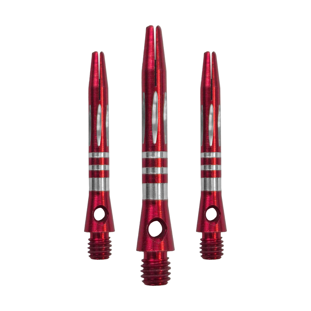 Ringed Diamond Cut Aluminum Shafts - Red - 35 mm Das Bild zeigt ein Set der Ringed Diamond Cut Aluminium Shafts - Rot - 35 mm. Mehrere rote Aluminium-Dartschäfte liegen nebeneinander.