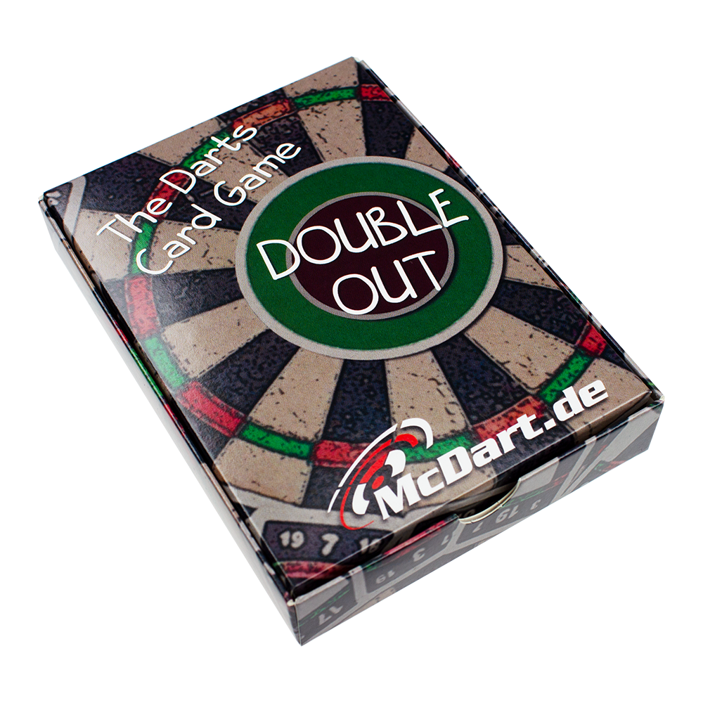 5172_McDart_Double_Out_Darts_Card_Game_1 Auf dem Bild ist das Kartenspiel "Double Out" von McDart abgebildet. Die Verpackung zeigt ein Dartboard-Design mit dem Schriftzug "The Darts Card Game".