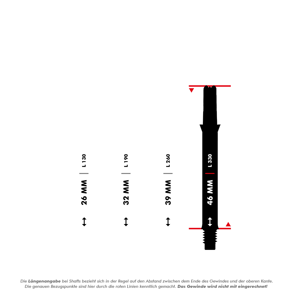 L-L-Style-Shafts Silent Straight - Black Das Bild zeigt vier unterschiedlich lange Dartschäfte mit Längenangaben in Millimetern (26 mm, 32 mm, 39 mm und 46 mm). Die Messpunkte für die Längen sind durch rote Linien markiert, und das Gewinde wird bei der Längenermittlung nicht mit einberechnet.