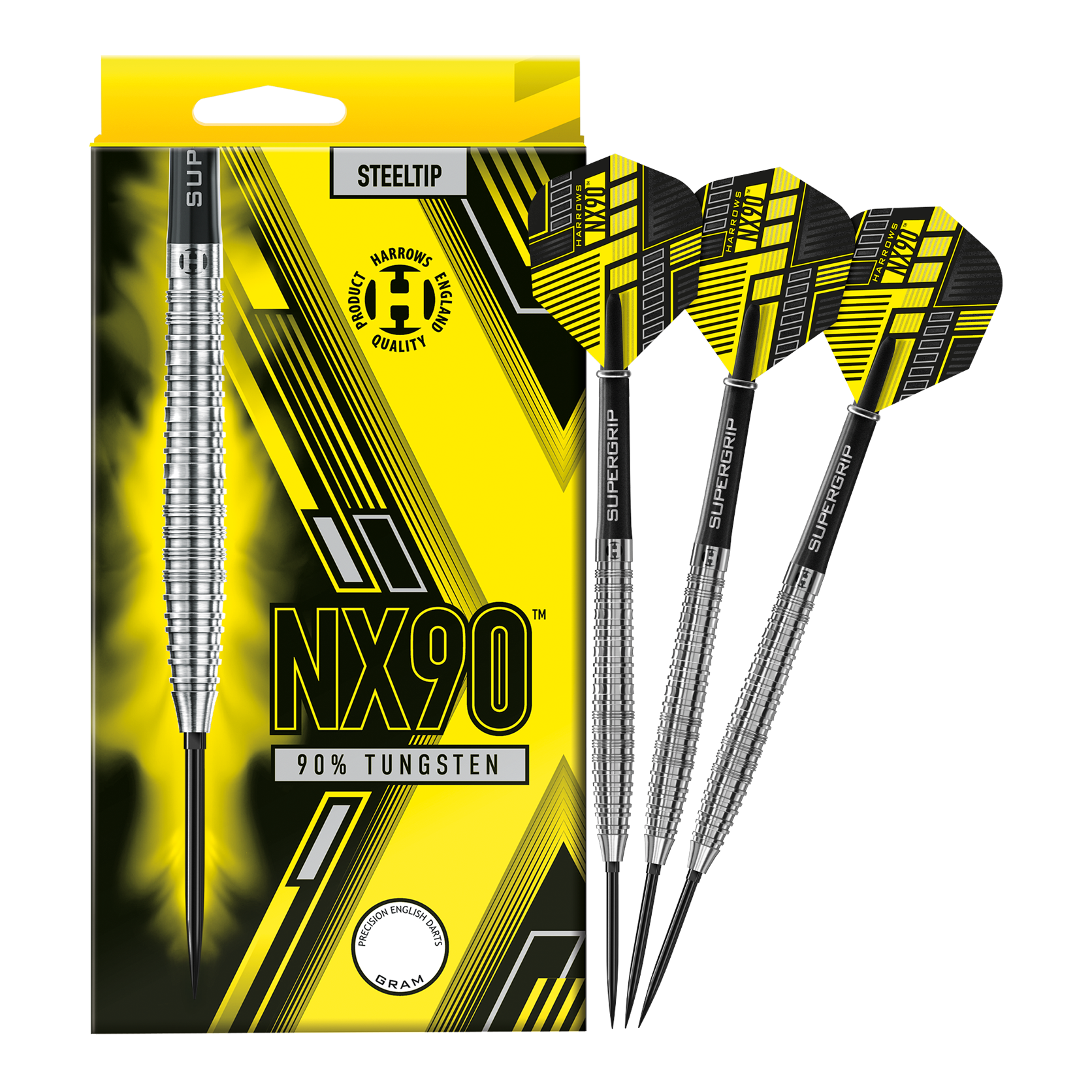 Das Bild zeigt die Harrows NX90 Tapered Quick Point Steeldarts in voller Ansicht. Die Steeldarts sind für Präzision und Qualität bekannt.