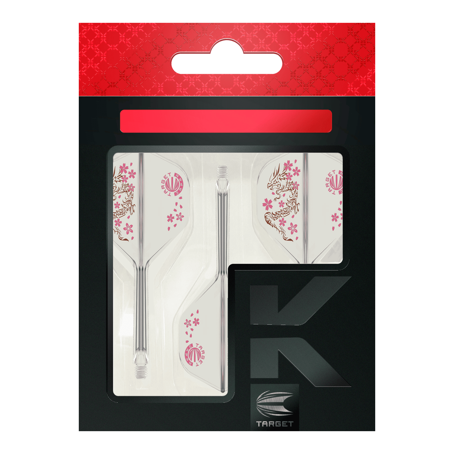Target Japan K-Flex Smash No2 Standard Flight-Shaft-System Das Bild zeigt das Produkt "Target Japan K-Flex Smash No2 Standard Flight-Shaft-System" in der Originalverpackung. Die Flights sind mit einem Drachen- und Kirschblütenmuster verziert.