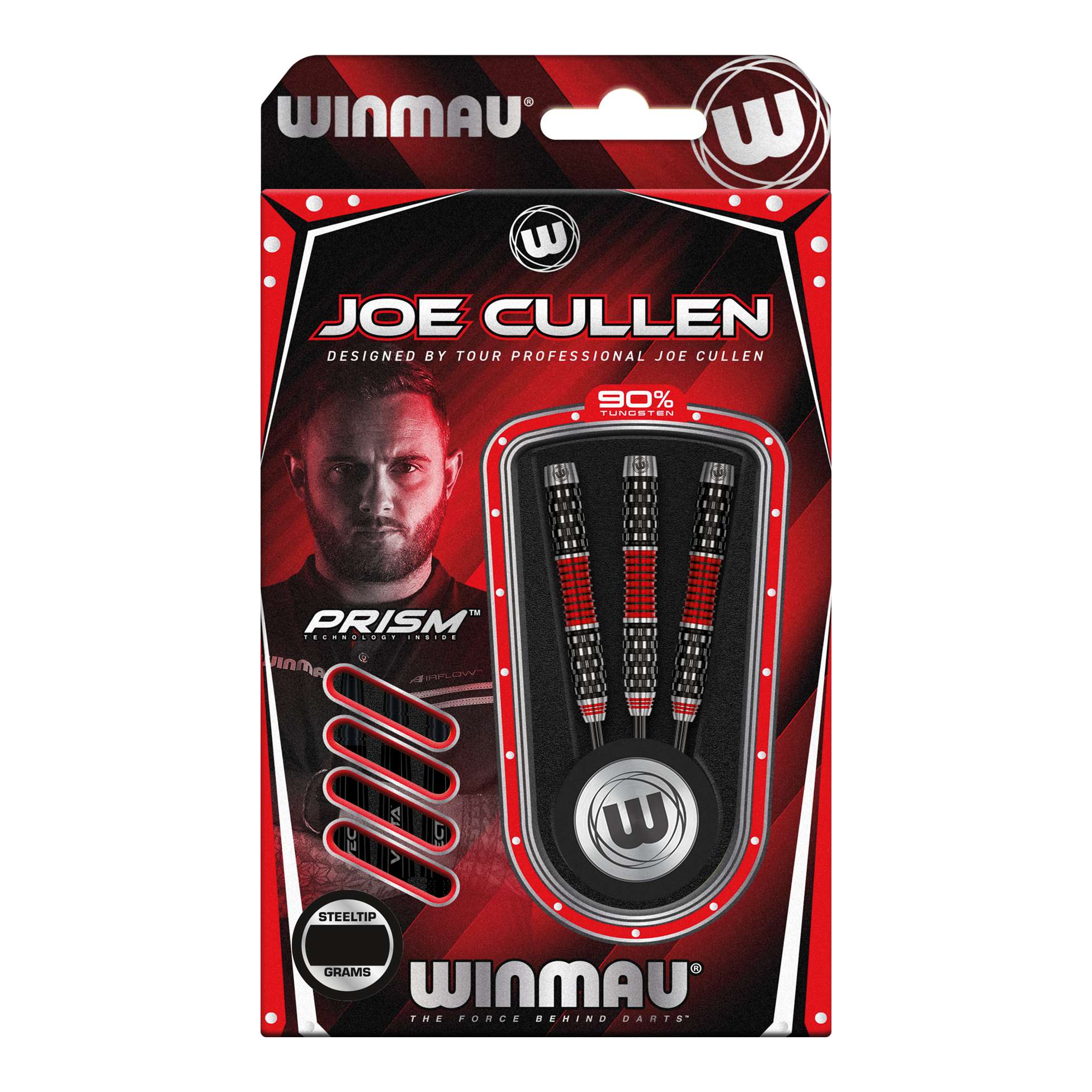 Winmau Joe Cullen Rockstar Series RS1 steel darts Die Verpackung zeigt die "Winmau Joe Cullen Rockstar Series RS1 Steeldarts". Im Inneren sind drei schwarz-rote Steeldarts zu sehen, die von Profispieler Joe Cullen entworfen wurden.