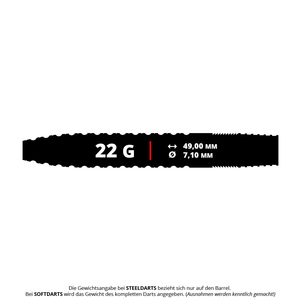 Das Bild zeigt die Produktinformationen zu den Mission Oskar Lukasiak Black Gold PVD Steeldarts mit einem Gewicht von 22 Gramm. Der Barrel ist 49,00 mm lang und hat einen Durchmesser von 7,10 mm.